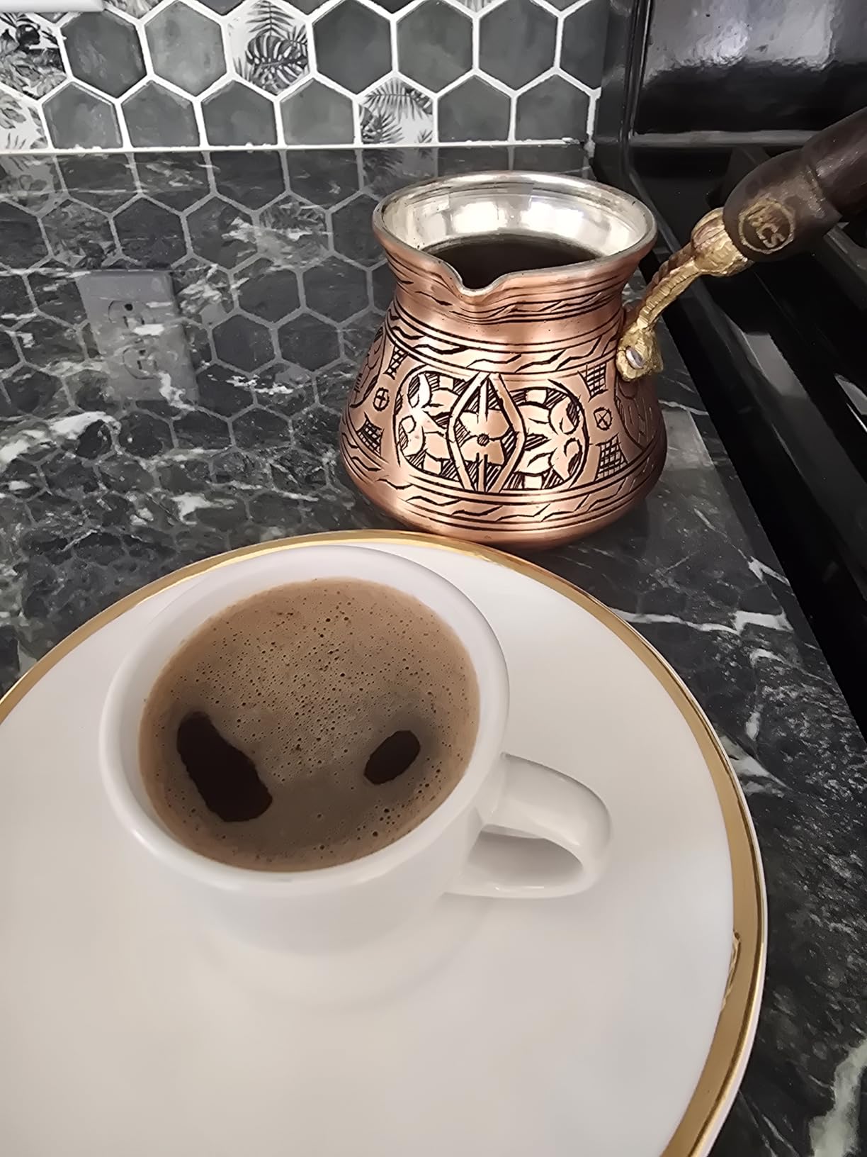 BCS 12 Oz Copper Turkish Greek Arabic Coffee Pot with Wooden Handle (4 servings) Cezve Ibrik Briki Stovetop Coffee Maker (Includes Wooden Spoon) customer photo 2