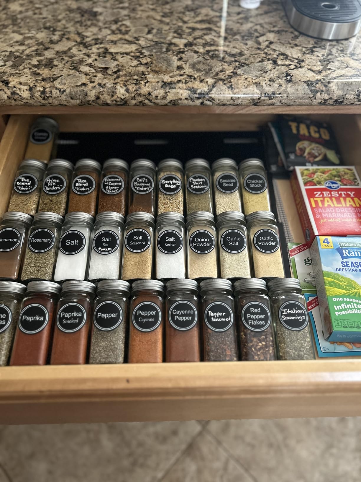 SpaceAid Spice Drawer Organizer with 28 Spice Jars, 386 Spice Labels, 4 Tier Seasoning Rack Tray Insert for Kitchen Drawers, 13