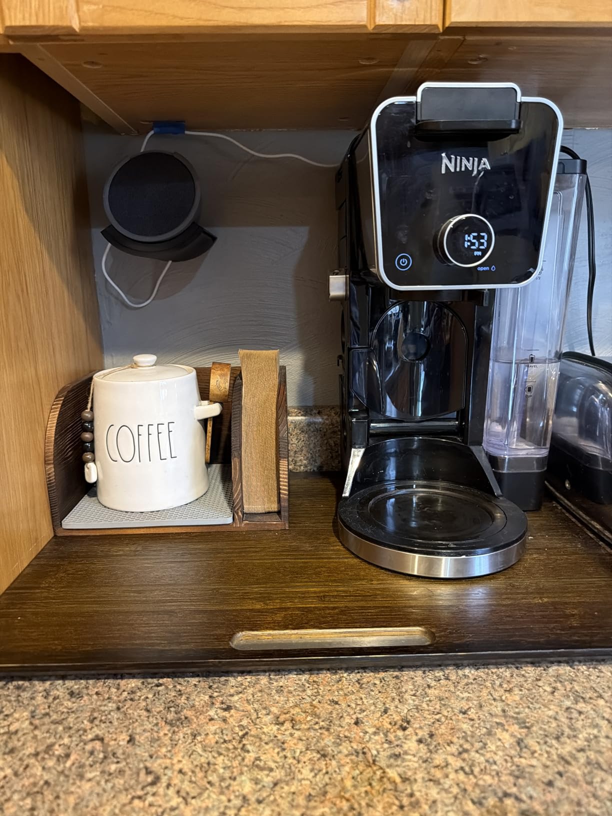 ELLDOO Vintage Wood Coffee Organizer Stand, Compatible with Chemex Coffee Makers, Holds Coffee Maker and Coffee Paper Filters, Fits Collar and Handle Carafes, with Grey Silicone Dripper Mat customer photo 2