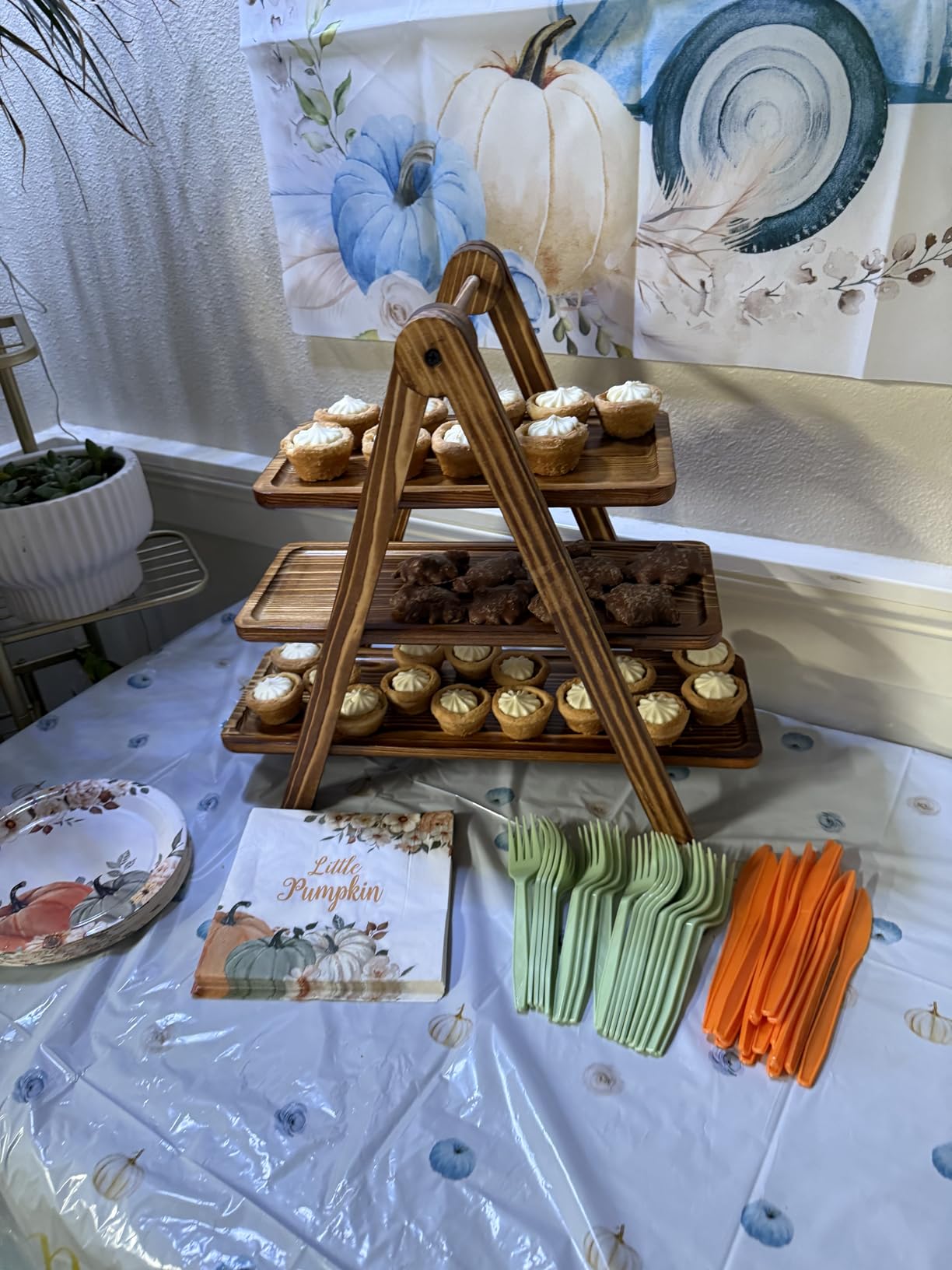 Manspdier Wood 3 Tier Serving Tray Three Tiered Cupcake Stand, Rectangle Serving Platter Wooden Farmhouse Tiered Tray, Party Serving Brown Decorative Tray Decor customer photo 2