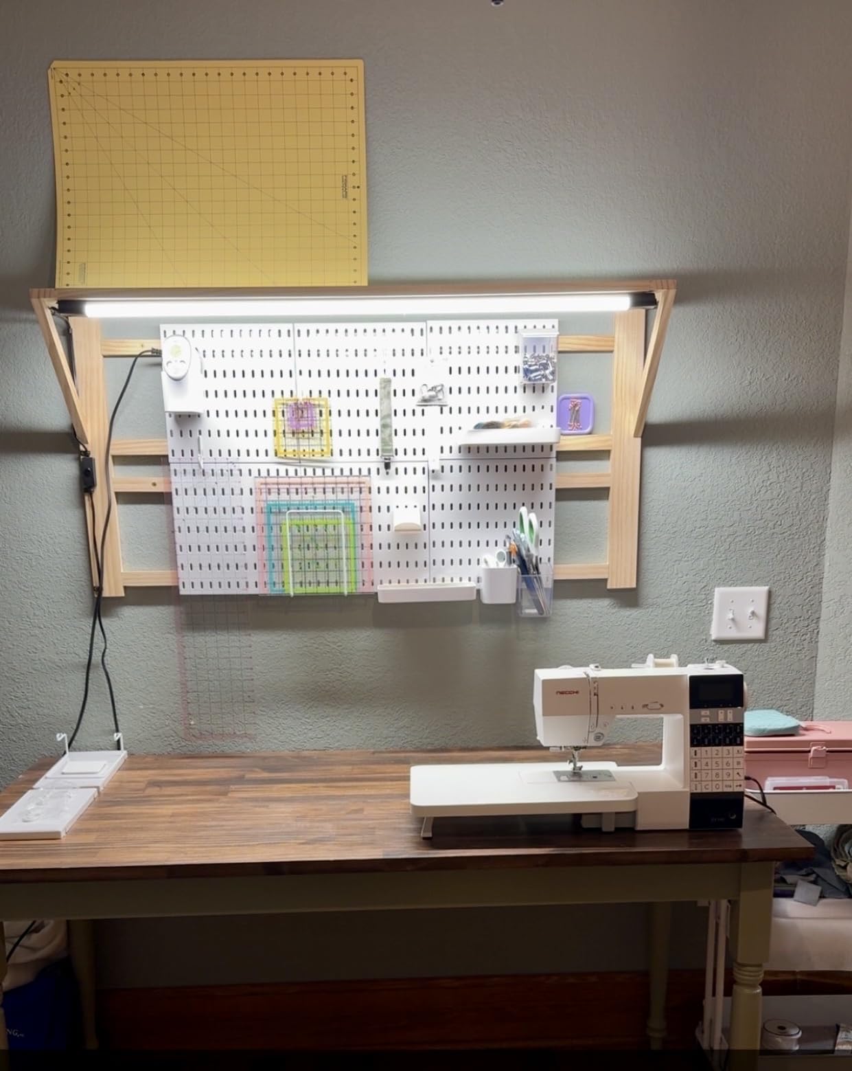 Keepo Peg Board Wall Organizer - Plastic Pegboard Panels, Modular Peg Board Storage System for Home Office, Craft Room, Gaming Setup (Tan Brown, 22 inch x 22 inch) customer photo 2