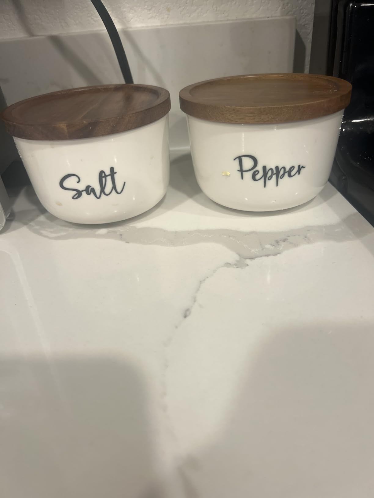 DAYYET Salt and Pepper Bowls, 10 oz Salt Cellar with Lid, Stacked Ceramic Salt Pepper Container with Acacia Wood Lid, Salt Box for Countertop, Black and White Kitchen Decor, Set of 2 customer photo 1