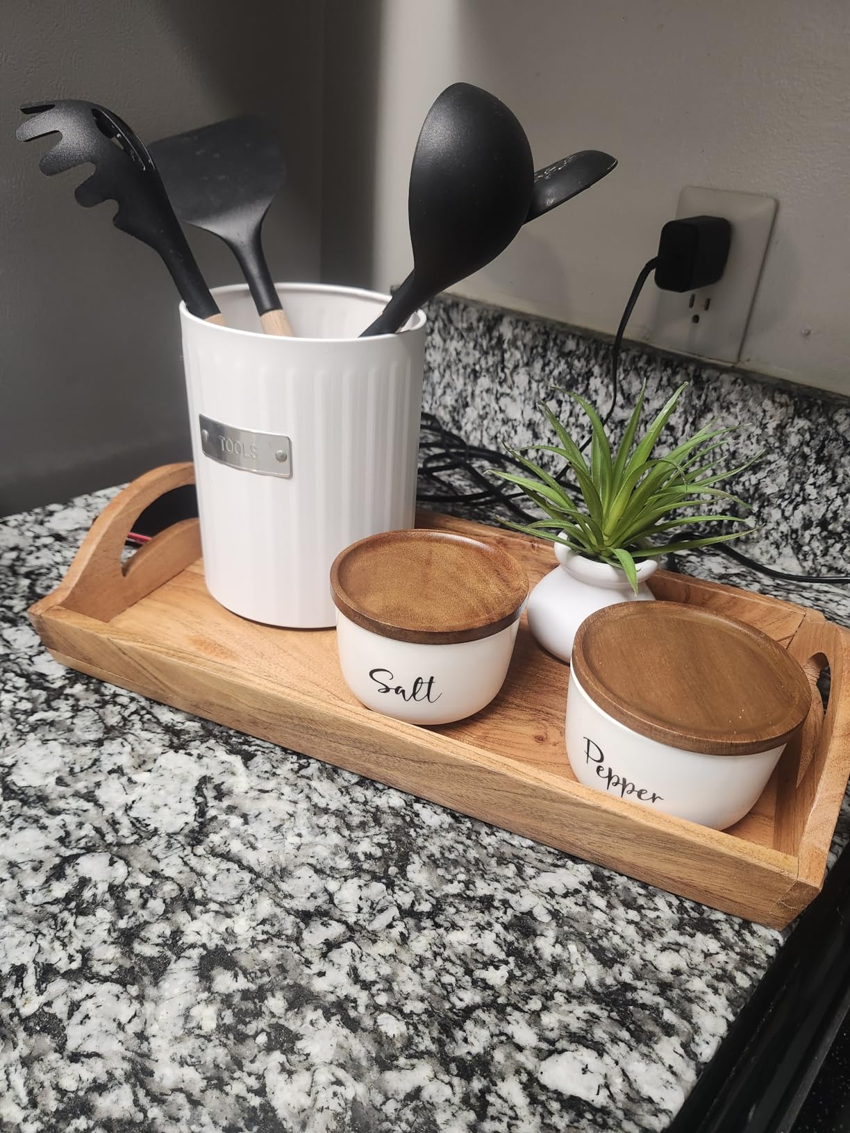 DAYYET Salt and Pepper Bowls, 10 oz Salt Cellar with Lid, Stacked Ceramic Salt Pepper Container with Acacia Wood Lid, Salt Box for Countertop, Black and White Kitchen Decor, Set of 2 customer photo 2