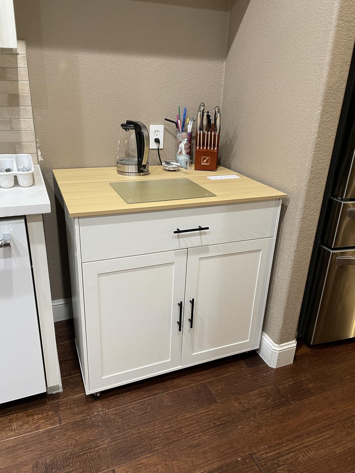 IRONCK Kitchen Island with Storage, Rolling Kitchen Island on Wheels with Drop Leaf, 3 Open Spice Rack Shelf, Door Cabinet, Drawer, Kitchen Cart Island Table for Kitchen, White customer photo 1