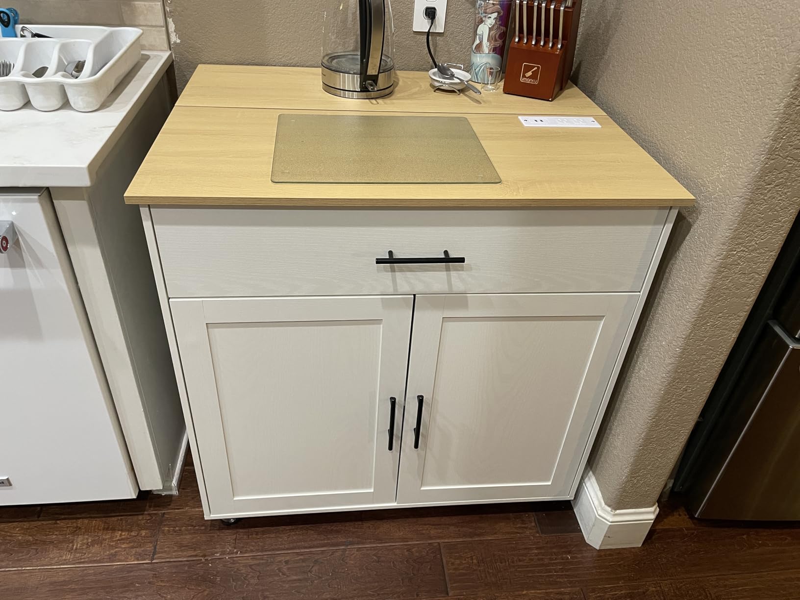 IRONCK Kitchen Island with Storage, Rolling Kitchen Island on Wheels with Drop Leaf, Charging Station, 3 Open Spice Rack, Cabinet, Drawer, Kitchen Cart Island Table for Kitchen, Black customer photo 2