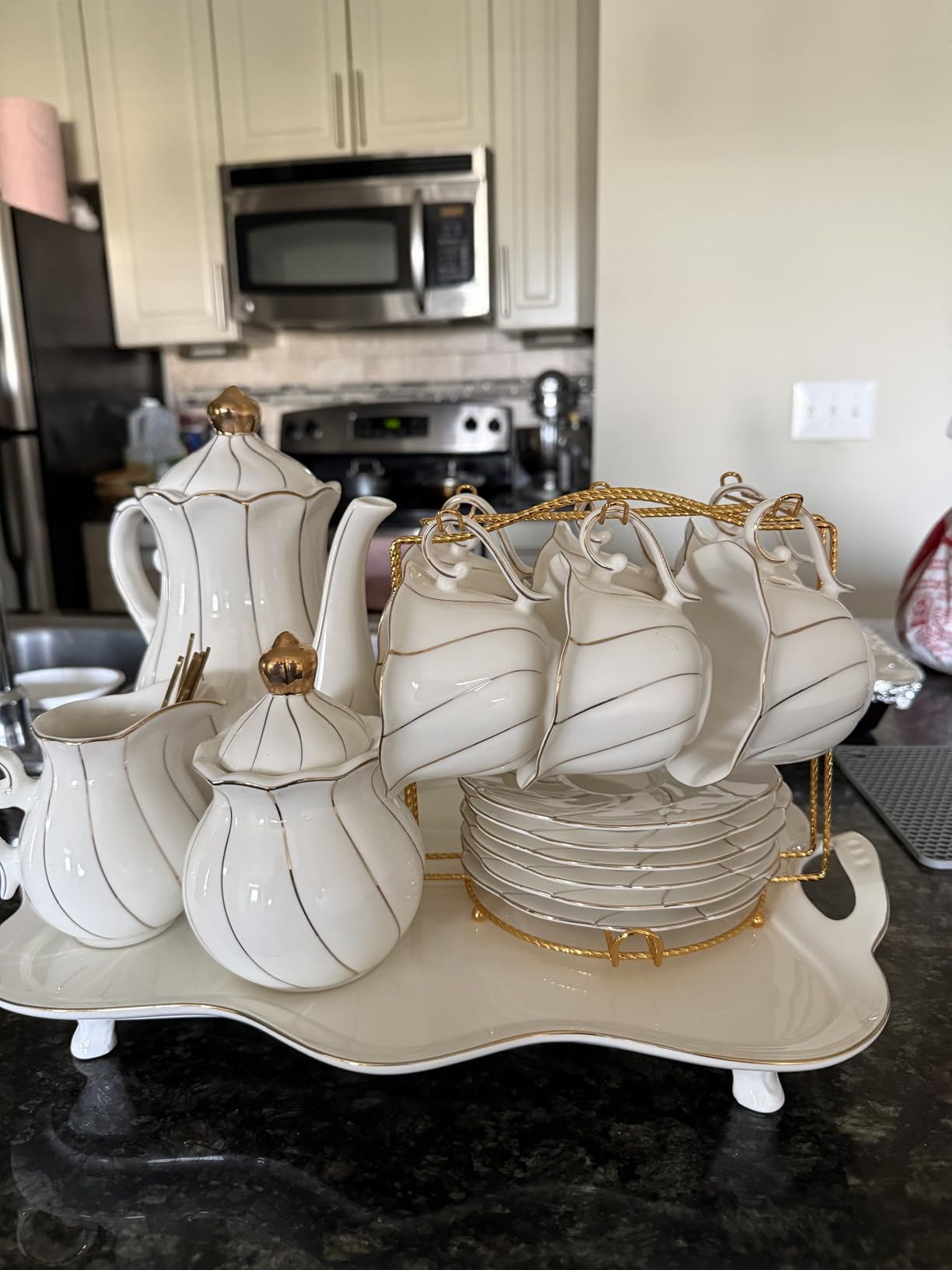 DUJUST Porcelain Serving Tray with Handles, Luxury British Style Coffee Table Tray with Golden Rim, Beautiful Tea Tray Decor for Living Room, Easy to Use & Clean customer photo 1