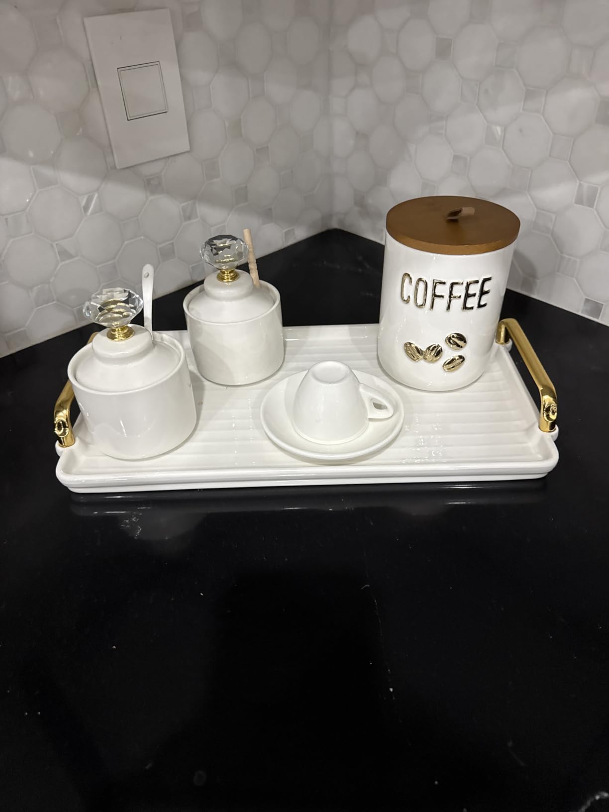 DUJUST Porcelain Serving Tray with Handles, Luxury British Style Coffee Table Tray with Golden Rim, Beautiful Tea Tray Decor for Living Room, Easy to Use & Clean customer photo 2