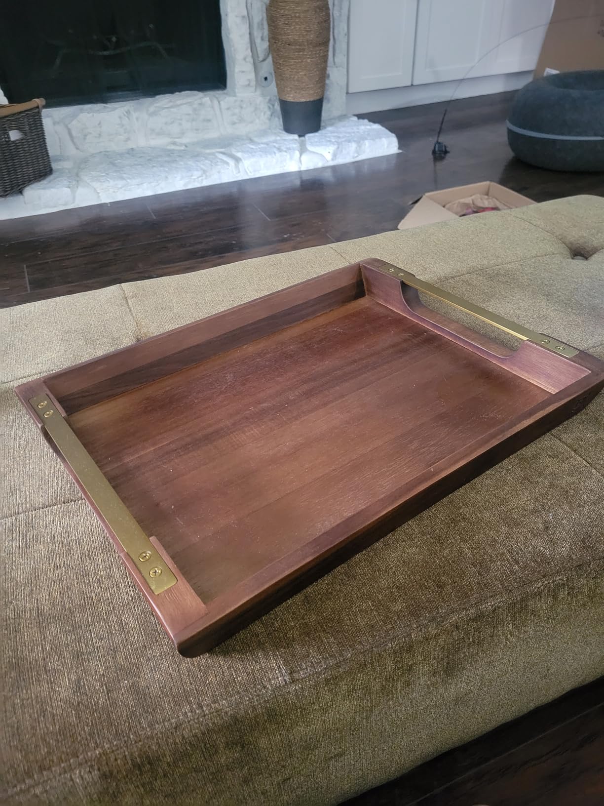 Acacia Wood Serving Tray with Metal Handles, 17x13in Food Drinks Tray for Coffee Table, Breakfast, Dinner & Bar, Rustic Decorative Storage Tray for Ottoman, Kitchen, Elegant Gift Packaging customer photo 2