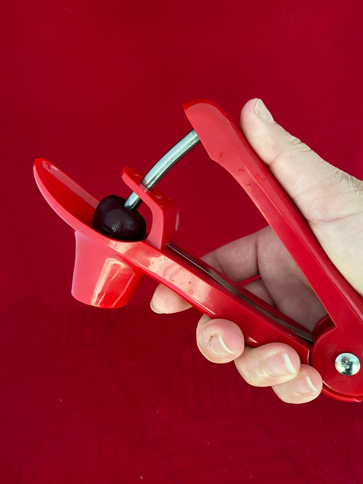 Cherry Pitter - Ordekcity Stainless Steel Cherries Corer Pitter Tool with Hand-held Push Design, Save Time & Space for Making Cherry Jam with Lock Design(Red) customer photo 1