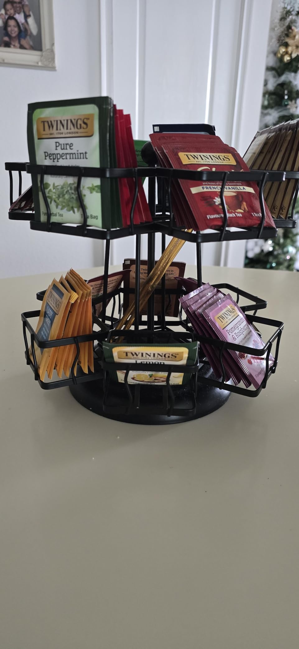 NHZ Tea Bag Organizer - Spinning Carousel Holder With 12 Compartments, Up to 140 Tea Bags Storage, Black Powder Coated Stainless Steel customer photo 1