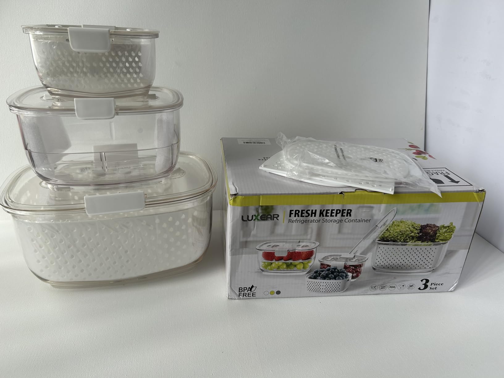 LUXEAR Fresh Produce Vegetable Fruit Storage Containers 3Piece Set, BPA-free, Partitioned Salad Container, Fridge Organizers, Used in Storing Fruits Vegetables, White customer photo 1