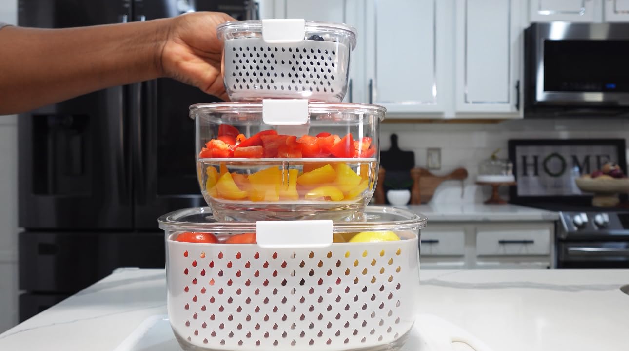 LUXEAR Fresh Produce Vegetable Fruit Storage Containers 3Piece Set, BPA-free, Partitioned Salad Container, Fridge Organizers, Used in Storing Fruits Vegetables, White customer photo 2