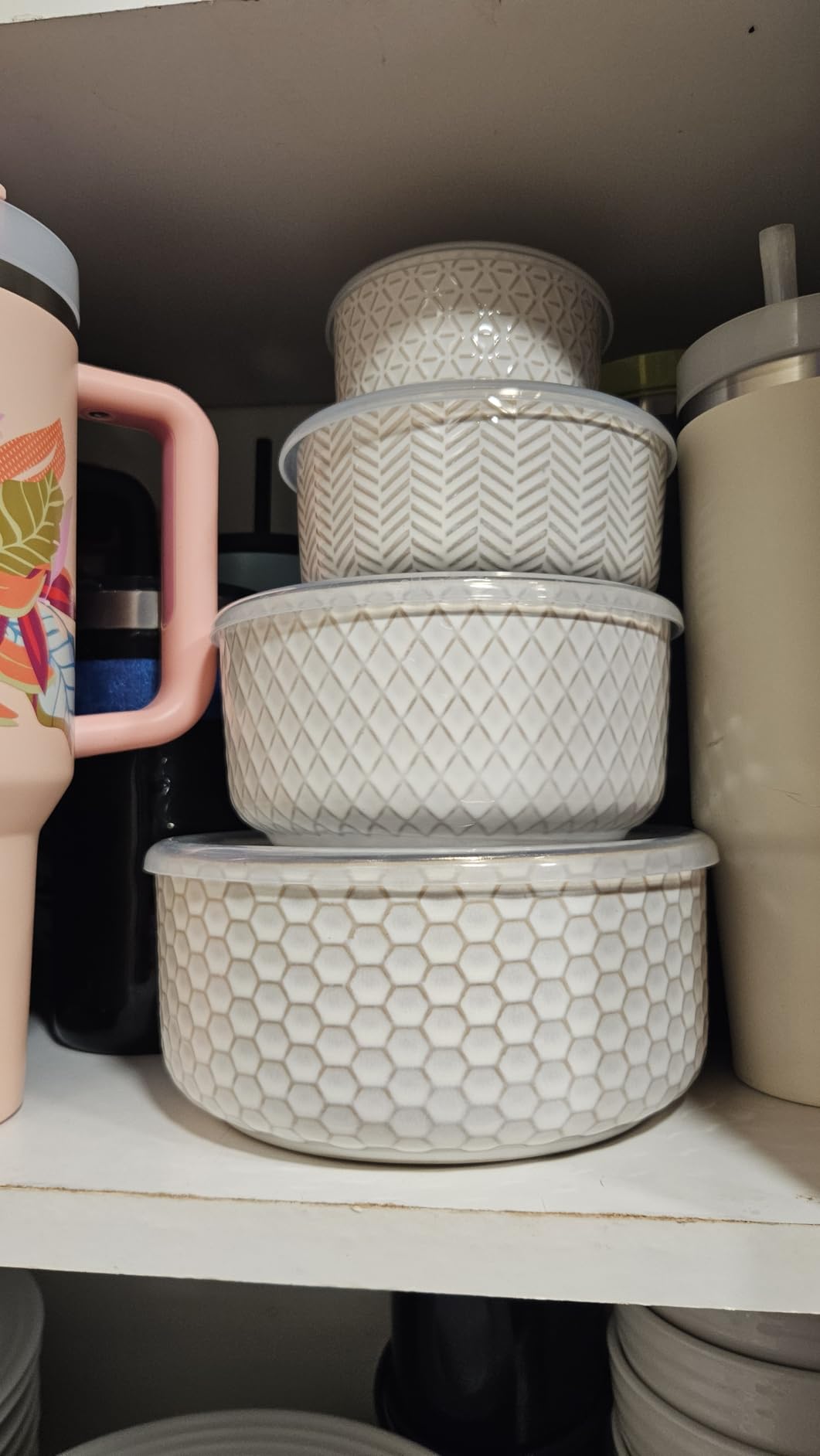 KooK Serving Bowls, with Lids, Ceramic Nesting Bowls, Set of 4, Embossed, Kitchen, Prep, Stackable, Gift, Microwave and Dishwasher Safe, 10/16/29/47 oz, Narbonne Collection (Ivory) customer photo 1