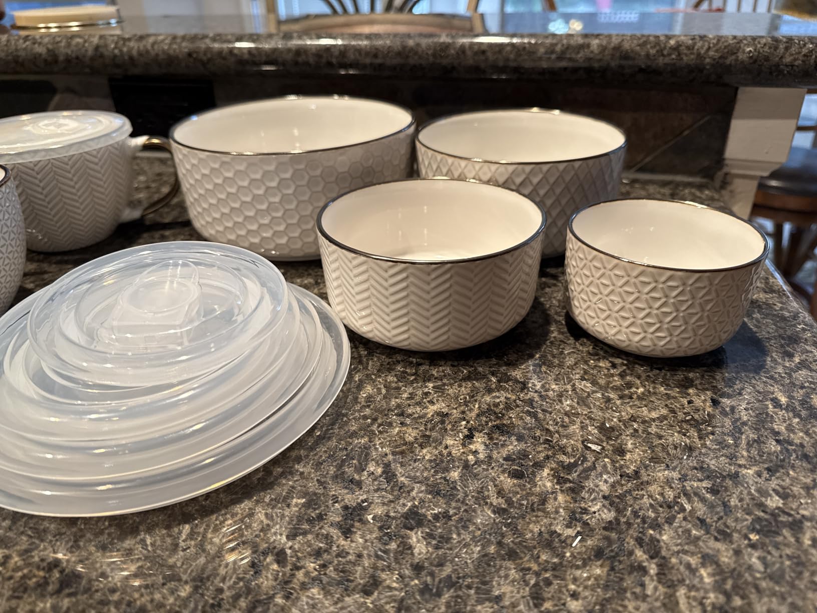 KooK Serving Bowls, with Lids, Ceramic Nesting Bowls, Set of 4, Embossed, Kitchen, Prep, Stackable, Gift, Microwave and Dishwasher Safe, 10/16/29/47 oz, Narbonne Collection (Ivory) customer photo 2