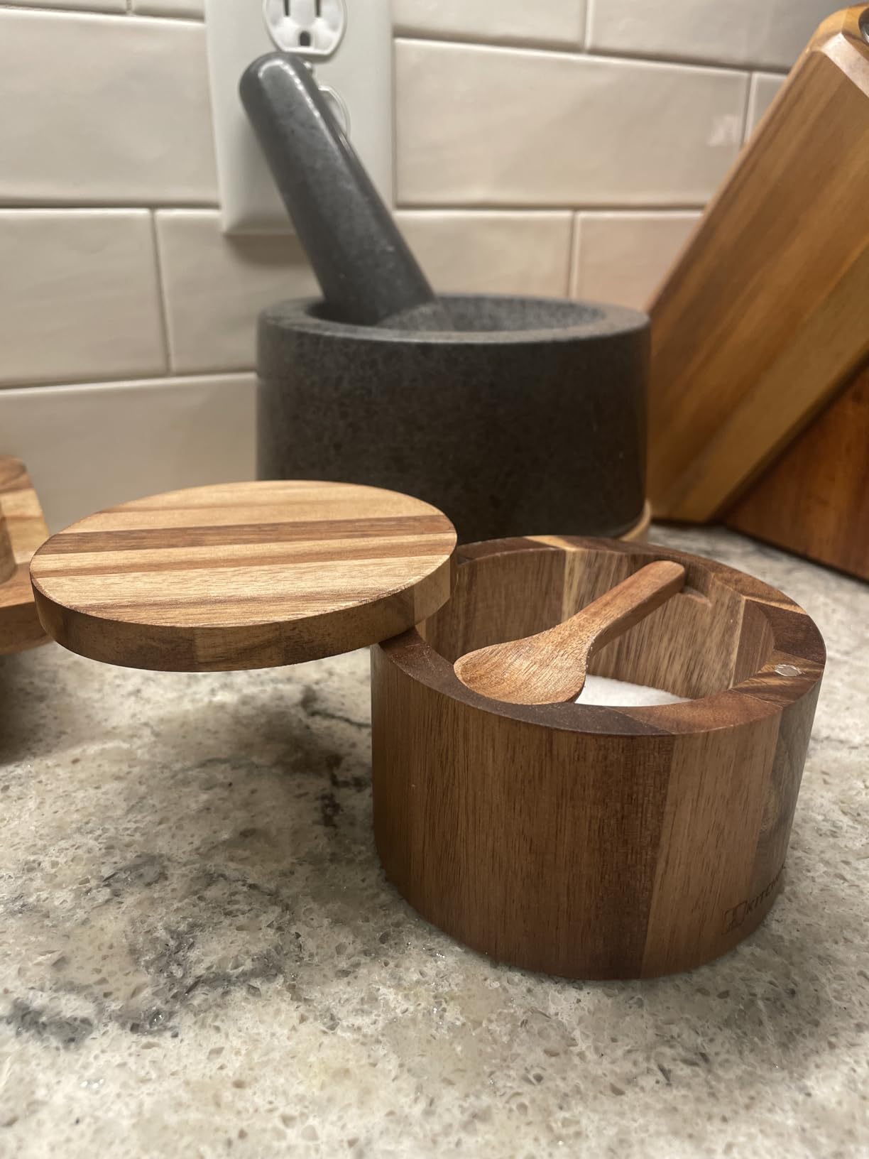 KITCHENDAO Acacia Wood Salt Cellar Bowl Box with Built-in Spoon to avoid Dust, Elegant Kitchen Salt Container Holder with Swivel Magnetic Lid to Storage Pepper Spice Bath Salt Sea Salt, 6OZ customer photo 1