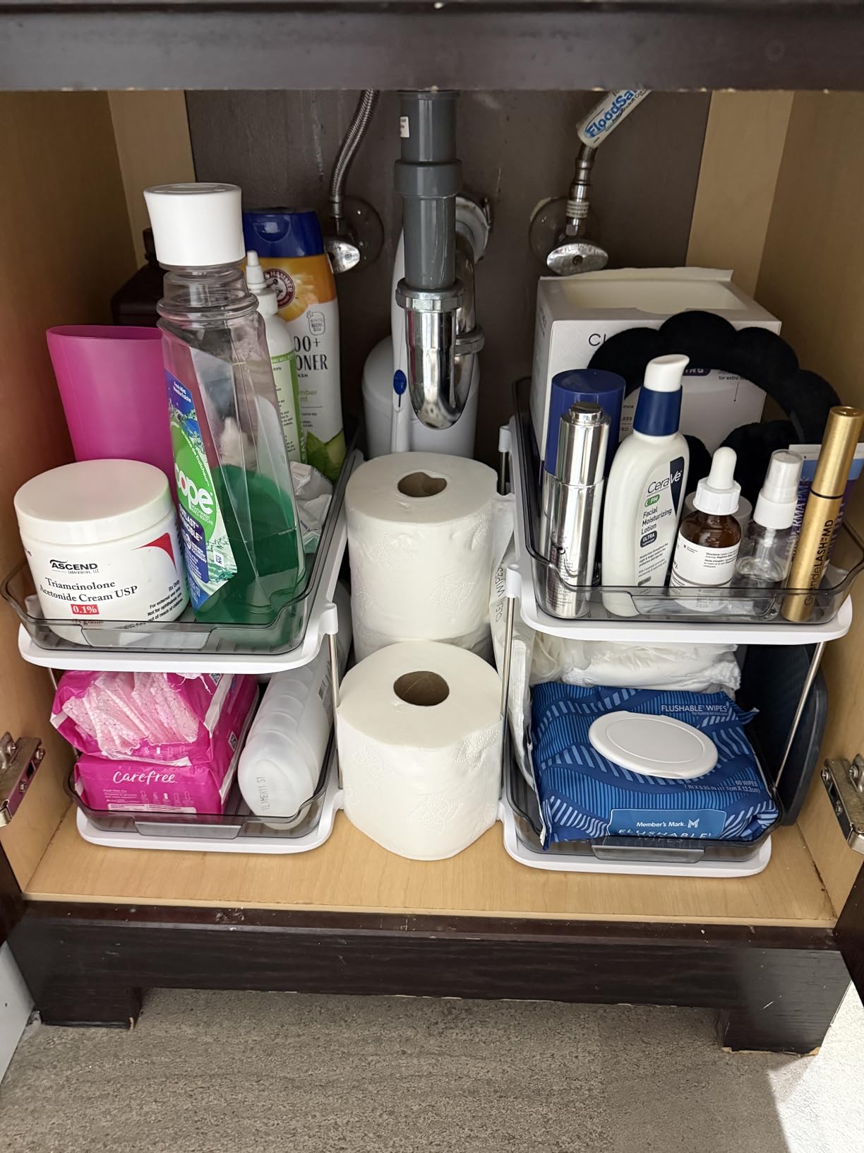 Delamu 2-Tier Multi-Purpose Bathroom Under Sink Organizers and Storage, Stackable Kitchen Pantry Organization, Pull Out Medicine Cabinet Organizer with Movable Dividers, White, 2 Pack customer photo 1