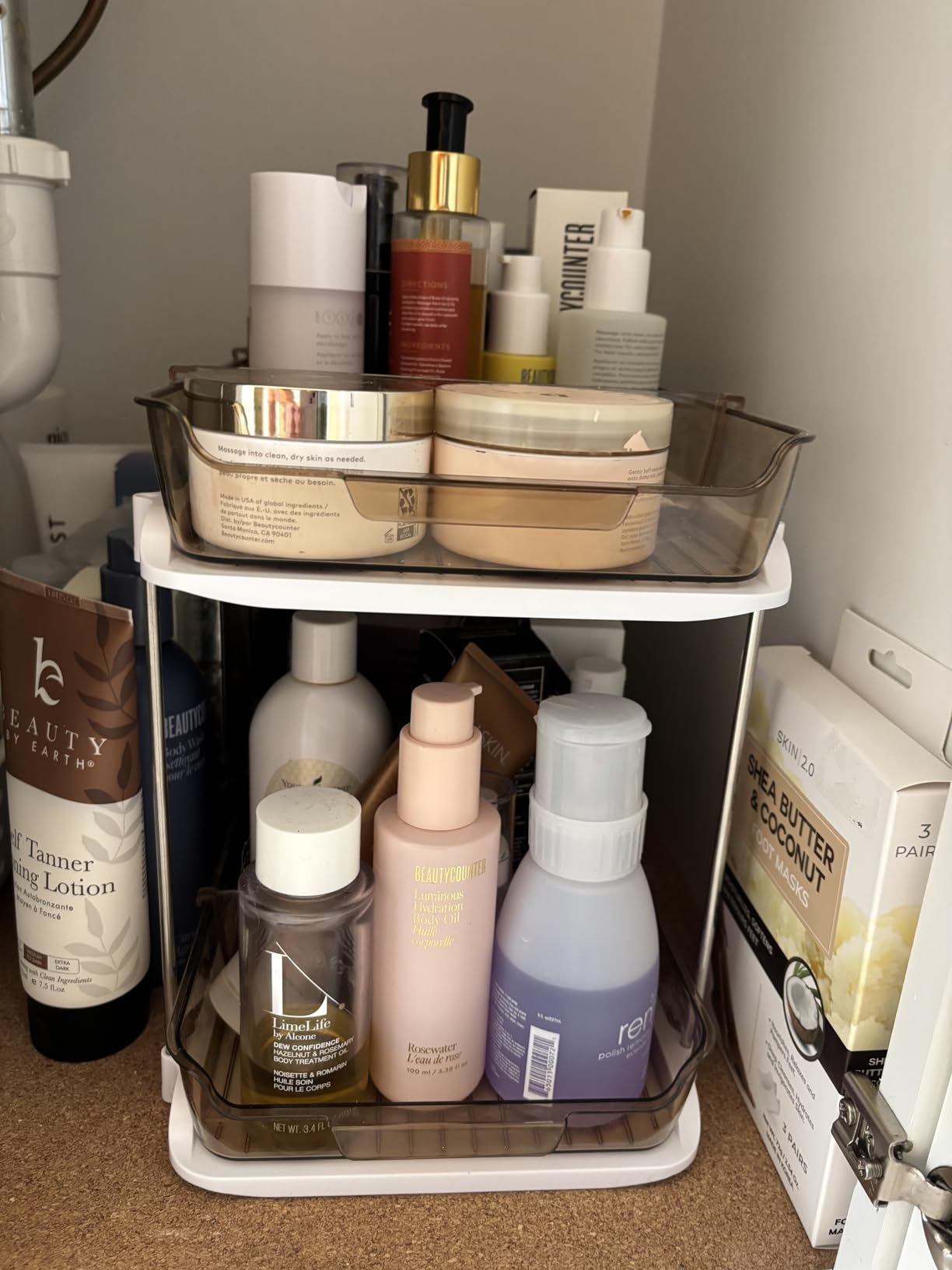 Delamu 2-Tier Multi-Purpose Bathroom Under Sink Organizers and Storage, Stackable Kitchen Pantry Organization, Pull Out Medicine Cabinet Organizer with Movable Dividers, White, 2 Pack customer photo 2