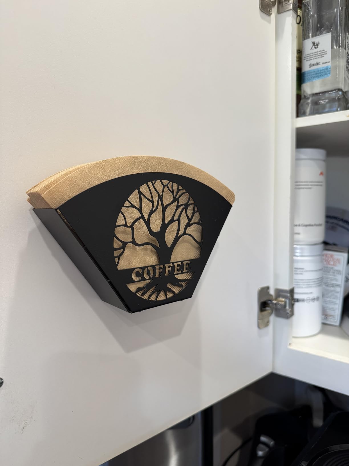 Stylish Coffee Filter Holder with Iron Fan Shape Evenly Spread out Filters, Coffee Filter Rack with Tree of Life Decor Upgrade Your Coffee Enjoyment, Perfect for Home or Office Use (Black) customer photo 2