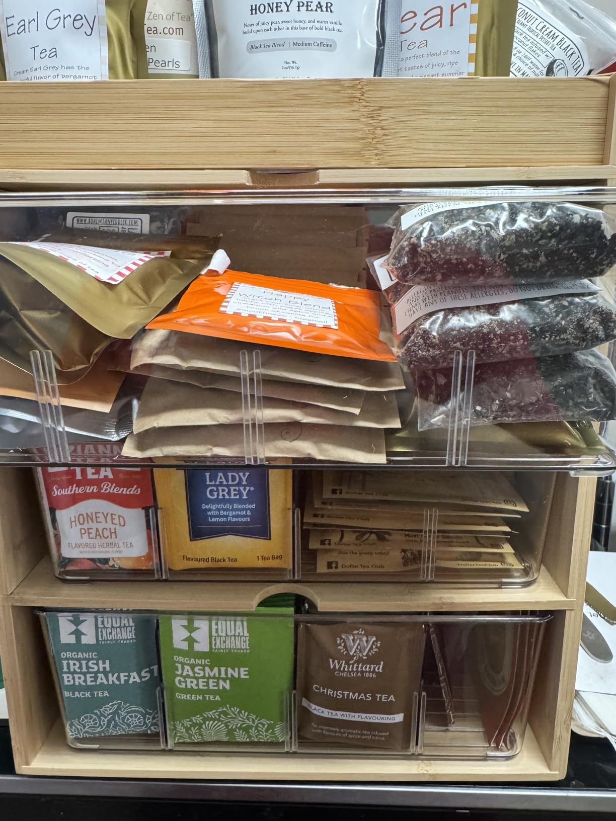 TIMIEEYA Tea Bag Organizer - Bamboo Tea Storage With Drawer 3 Layer, Organizer for Tea Bags Natural Wood & Acrylic for Countertop Office Kitchen Cabinet Pantry customer photo 2