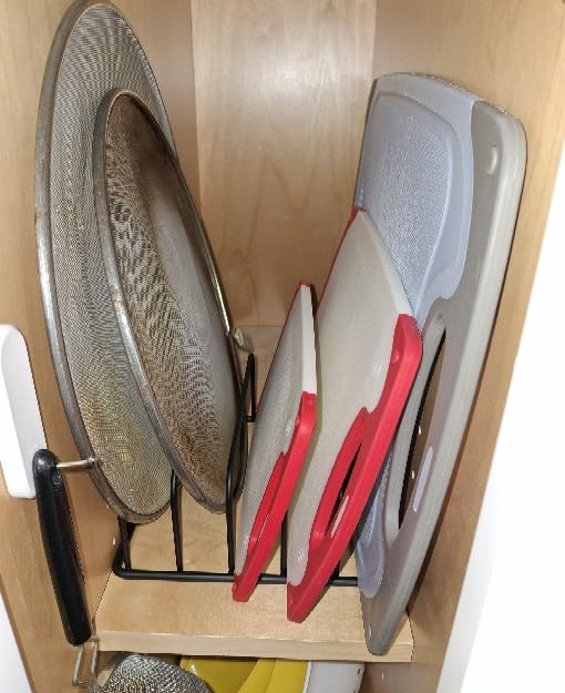 Fikoksol Cutting Board Organizer and Baking Sheet Rack, 1-Pack Black Heavy Duty Metal Cookie Sheet Organizer for Cutting Board Storage and Plate Holder for Cabinet, Tray Dividers for Cabinets customer photo 2