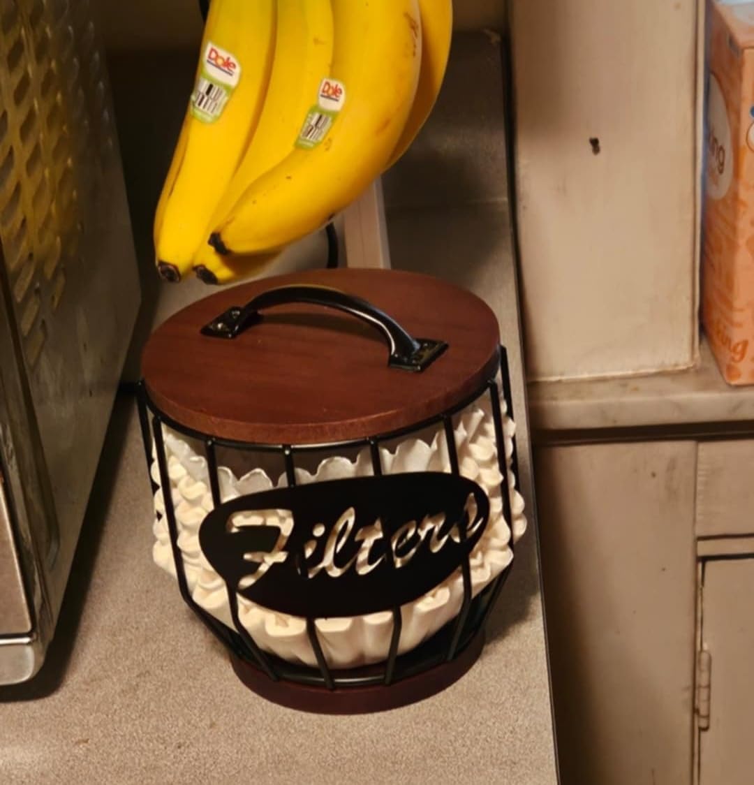 Yangbaga 8-12 Cup Coffee Filters Holder with Wood Lid,Large Capacity Coffee Filter Storage Canister Container Basket,Black Wire K Cup Storage Basket,Coffee Bar Accessories decor customer photo 2