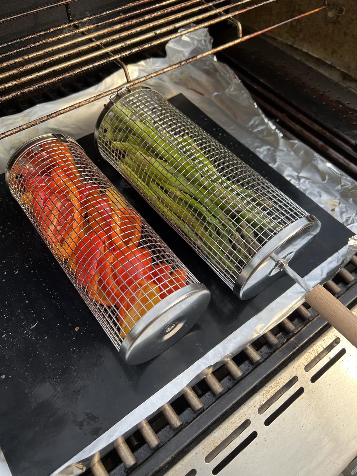 ivtivfu Rolling Grill Basket, Removable Wooden Handle, 304 Stainless Steel, Nesting BBQ Tools, Smoker Grilling Accessories for Vegetable, Outdoor Cooking Camping, Birthday Gifts for Men Dad Husband customer photo 1