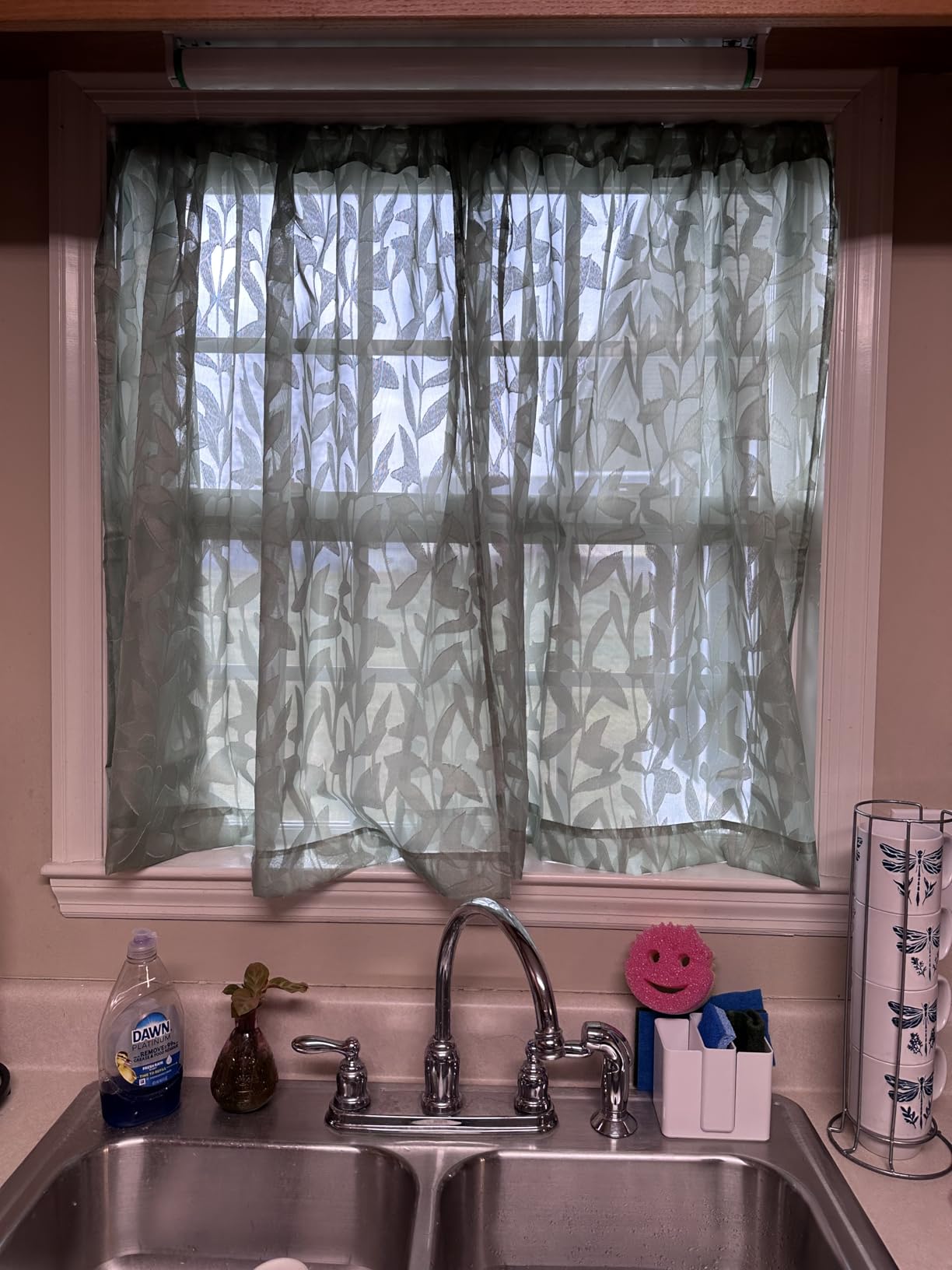 Lecloud Leia 36 Inch Sheer Curtains Sage Green Tiers for Kitchen 2 Pieces, Double Rod Pockets Window Living Room Curtain for Small Window, Jacquard Leaves Voile Bathroom/Bedroom Drapes, 38x36 Inches customer photo 2