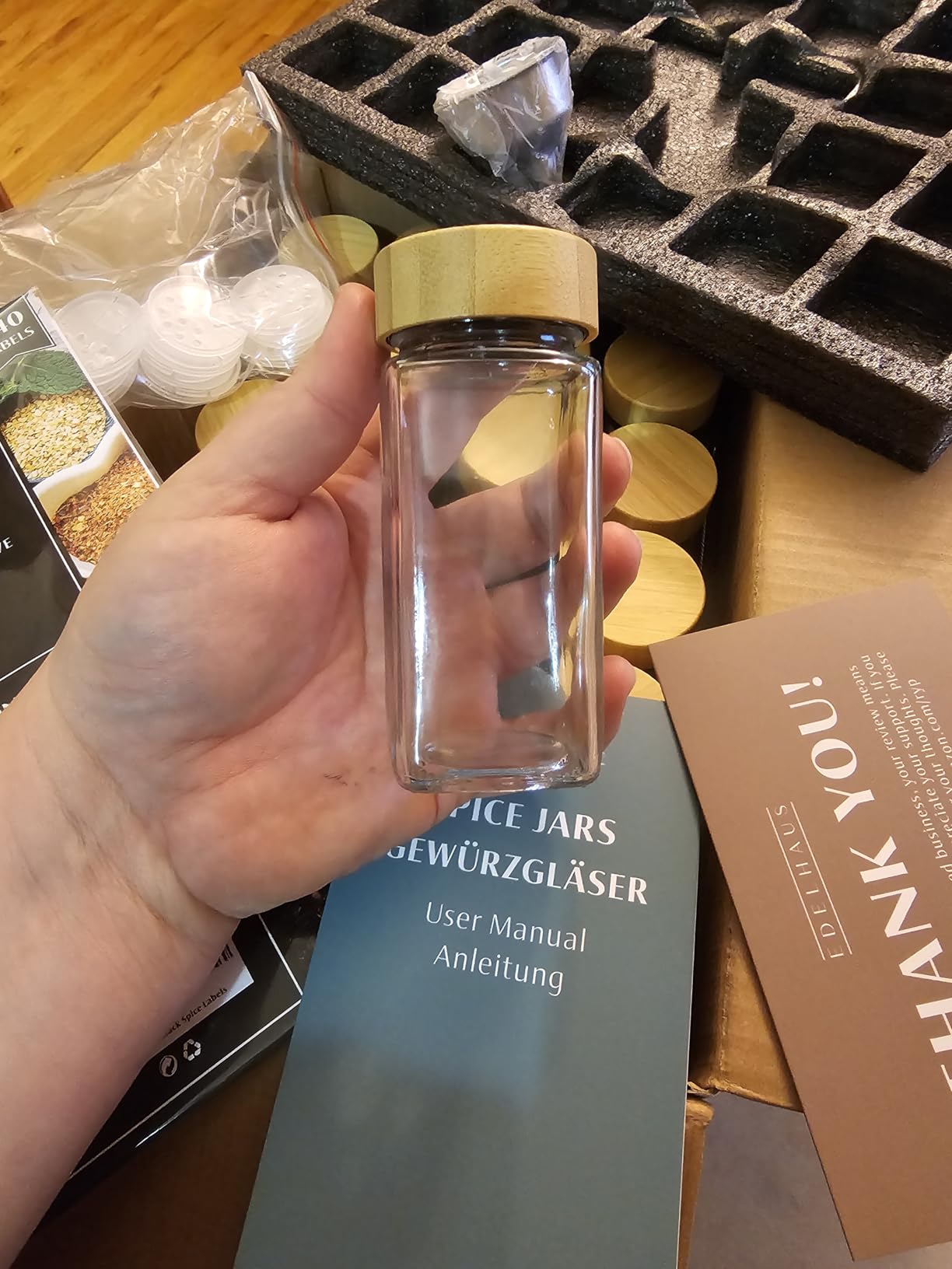 EDELHAUS Square Spice Jars with Bamboo Wooden Lid (Pack of 24) Spice Jars with Shaker Insert and 240 Labels - Bamboo Lid Glass Container for Spice Organisation [4.3 in × 1.8 in] customer photo 1