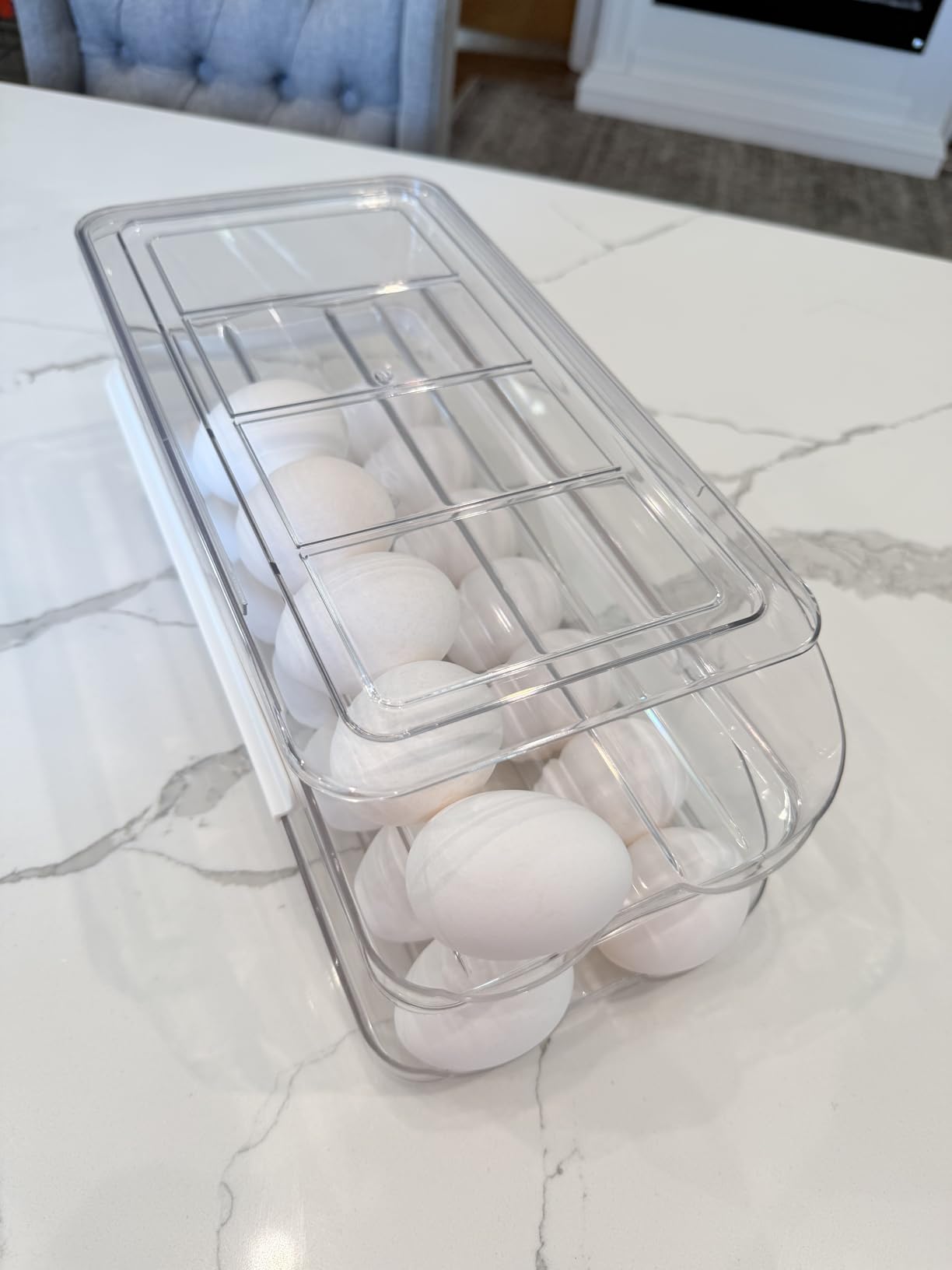 RoskDeewat Egg Holder for Fridge, Automatic Rolling Egg Container for Refrigerator, Stackable Fridge Organizers and Storage with Lid, Clear Plastic Egg Dispenser & Tray (2 Tier) customer photo 1