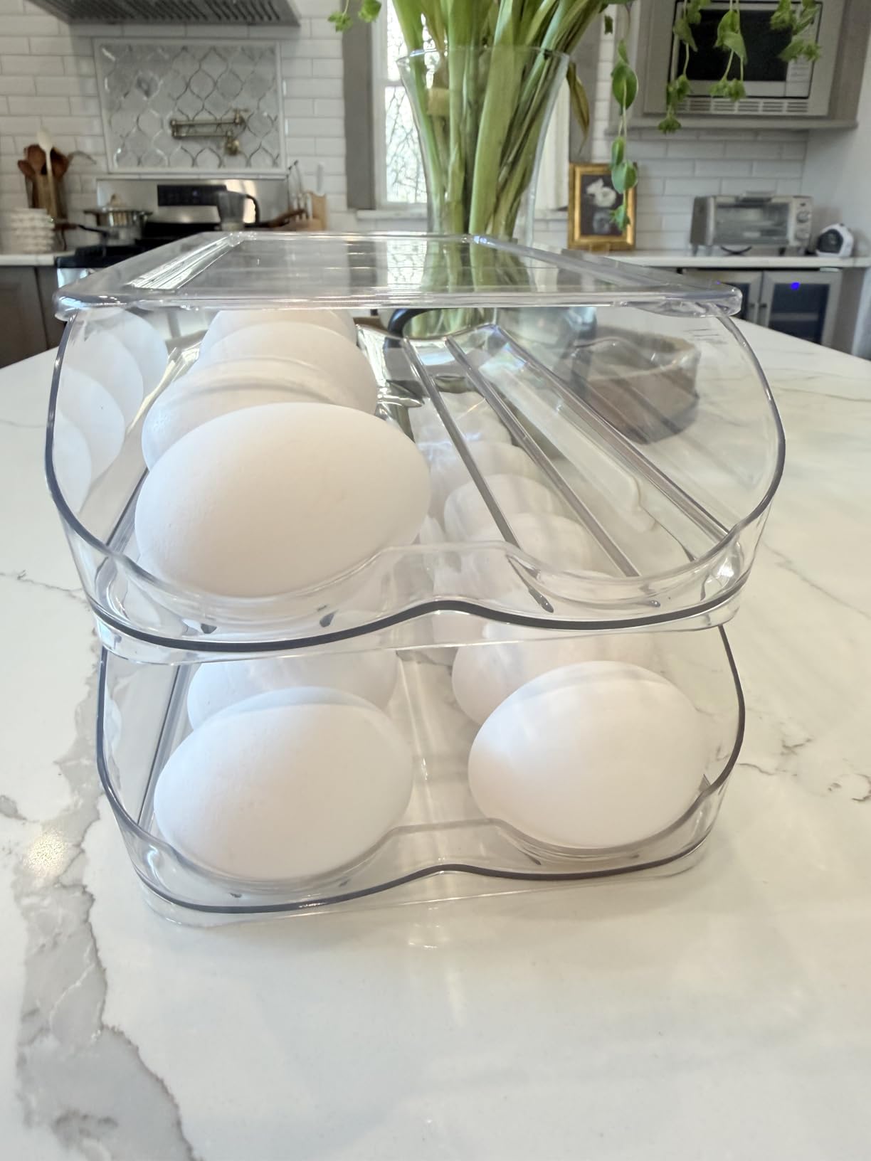 RoskDeewat Egg Holder for Fridge, Automatic Rolling Egg Container for Refrigerator, Stackable Fridge Organizers and Storage with Lid, Clear Plastic Egg Dispenser & Tray (2 Tier) customer photo 2