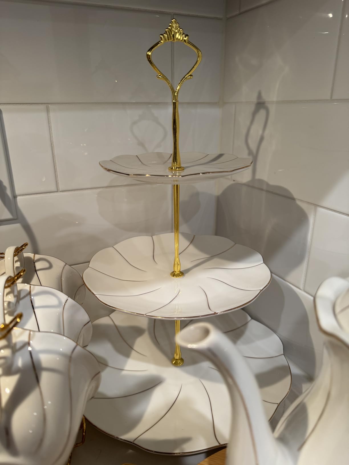 DUJUST Luxury Porcelain 3-Tier Cupcake Stand Tower, British Style Serving Tray with Golden Trim, Food Grade Dessert Display Stand, Beautiful Gift for Tea Party & Home Decor customer photo 1