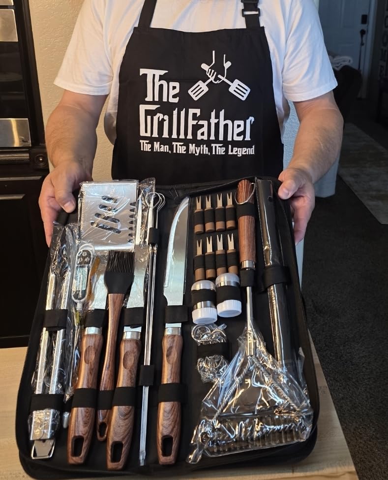 RINPIR 31pcs BBQ Grill Accessories Gifts for Men Dad, Heavy Duty Grilling Tools Gift Set for Father's Day, Stainless Steel BBQ Utensils Kit with Mats, Grill Brush in Carrying Bag Brown customer photo 1