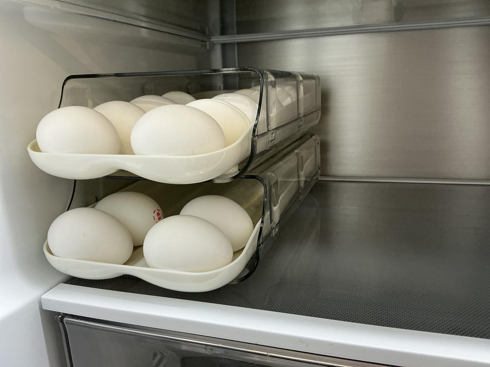 theaoo Egg Holder for Fridge, Automatic Rolling Egg Container for Refrigerator, Clear Plastic Egg Dispenser, Stackable Eggs Organizer with Quick Removable inner Tray For Organizers and Storage, 2 Pack customer photo 2