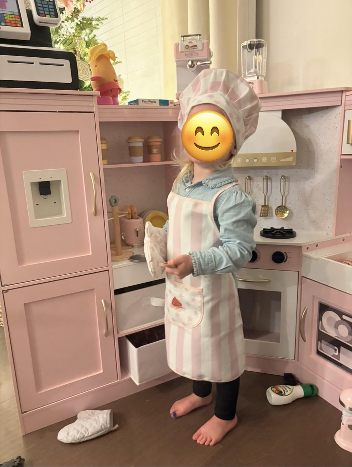 Kid Apron and Chef Hat Set, 3 Pcs Children Cooking Baking Set Kits Role Play Chef Toy Kid Cooking Gift for Girls Boys (Pink) customer photo 1