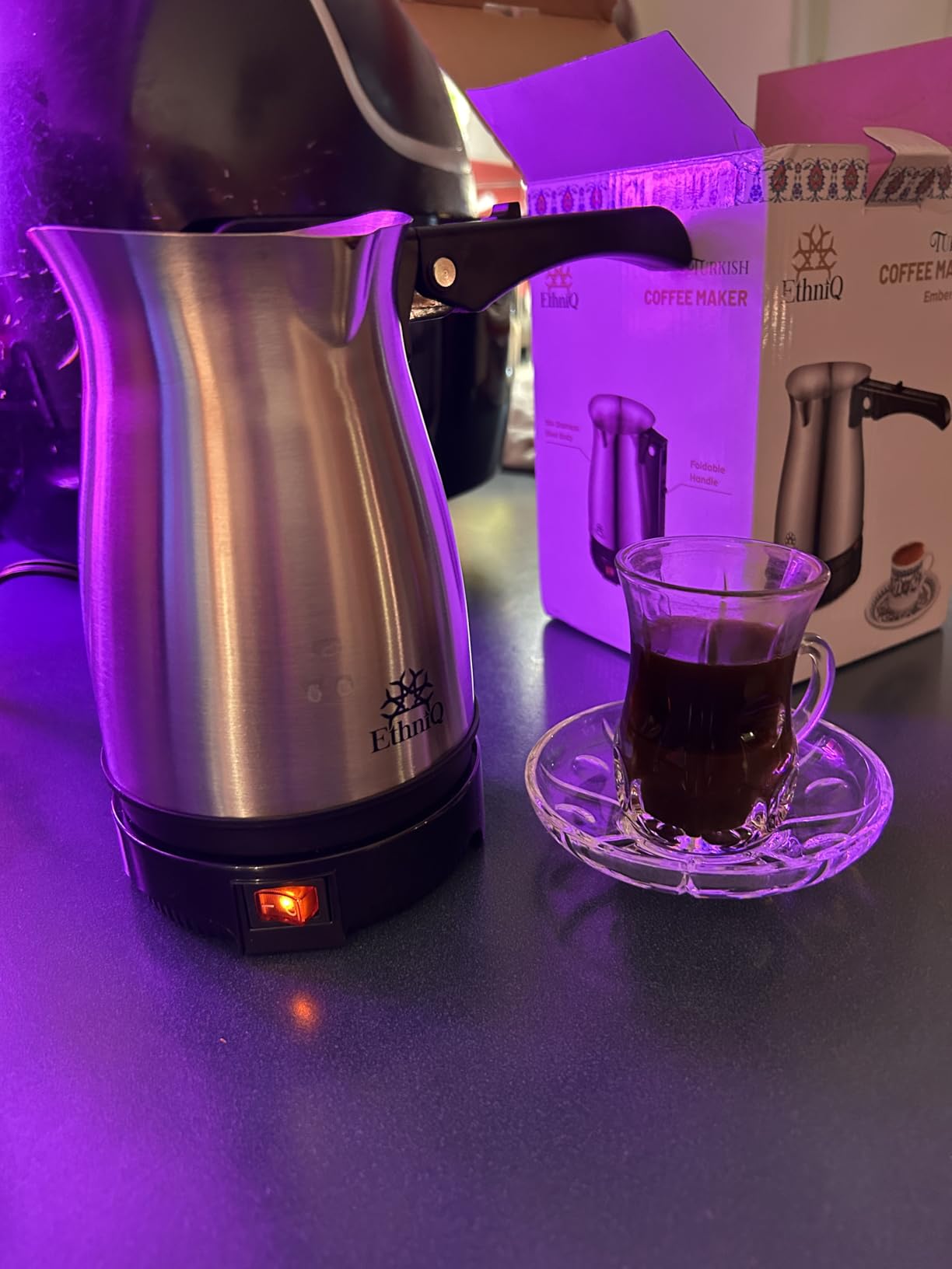 ETHNIQ Turkish Coffee Pot - Stainless Steel, 120V, 1 to 4 Cup Capacity, Fast Brewing, Delicious Cup of Turkish, Arabic & Greek Coffee Maker with Foldable Handle for Home & Travel & on-off Button customer photo 1