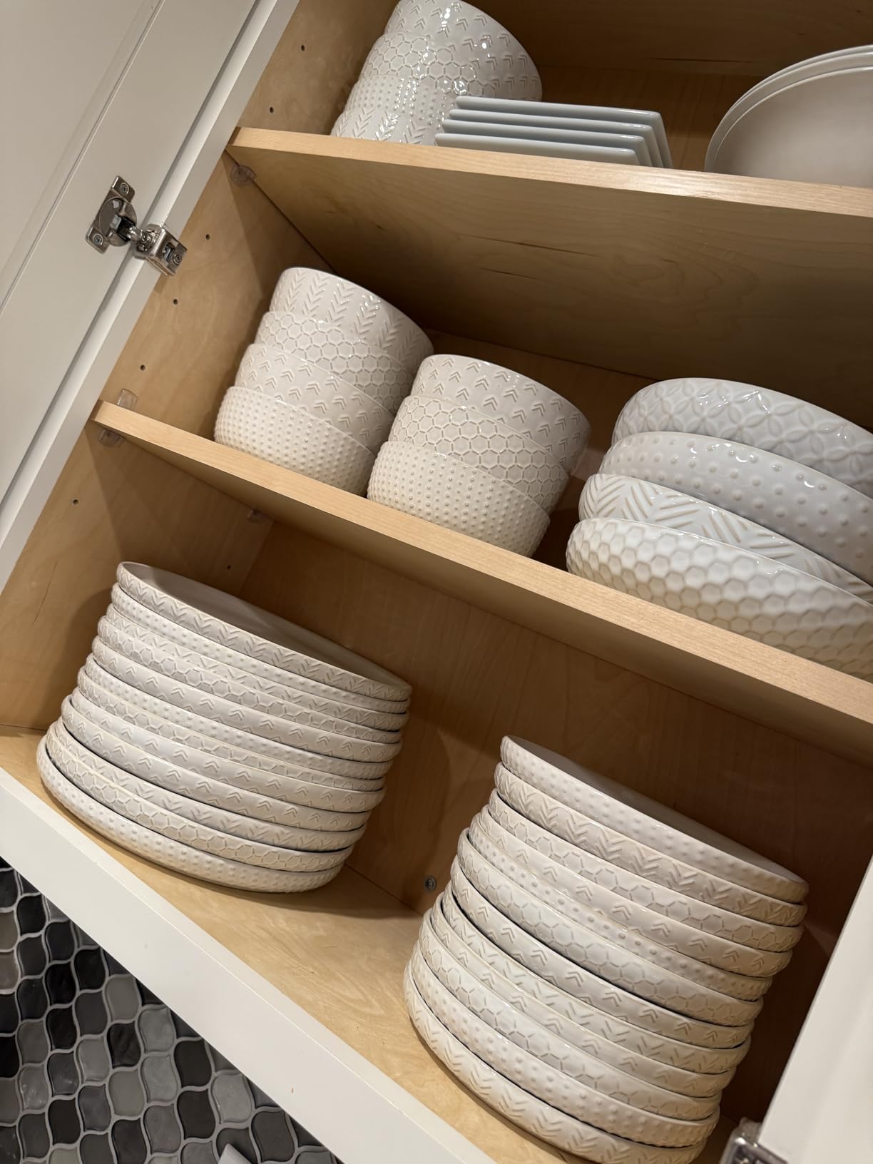 Stoneware Dinnerware Sets Service for 4, 12 pcs Reactive Glaze Plates and Bowls Sets, Embossed Boho Ceramic Dish Set, Highly Chip and Crack Resistant Farmhouse Plate Set, Ivory White customer photo 1