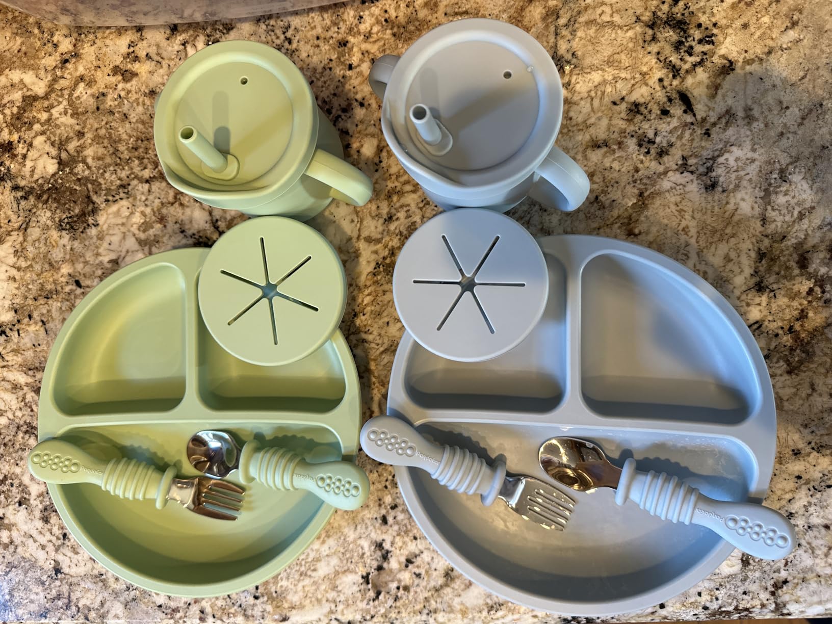 PandaEar Silicone Baby Feeding Set| 2 Pack Silicone Divided Suction Plate and 2 Pack Tiny Cup with 2 Spoons 2 Forks| Baby Led Weaning Supplies Self Feeding Eating Utensils (Light Blue/Light Green) customer photo 1