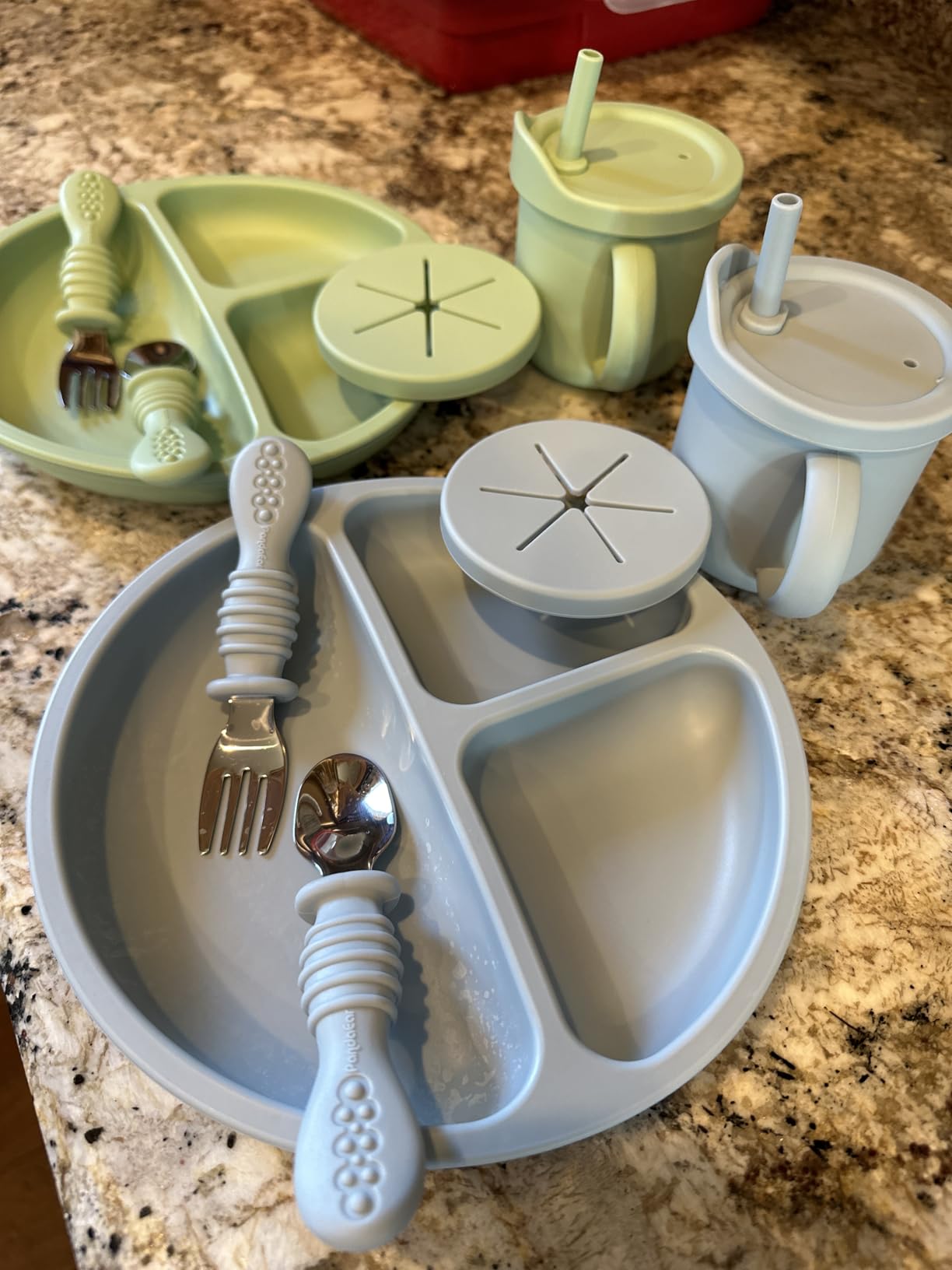 PandaEar Silicone Baby Feeding Set| 2 Pack Silicone Divided Suction Plate and 2 Pack Tiny Cup with 2 Spoons 2 Forks| Baby Led Weaning Supplies Self Feeding Eating Utensils (Light Blue/Light Green) customer photo 2