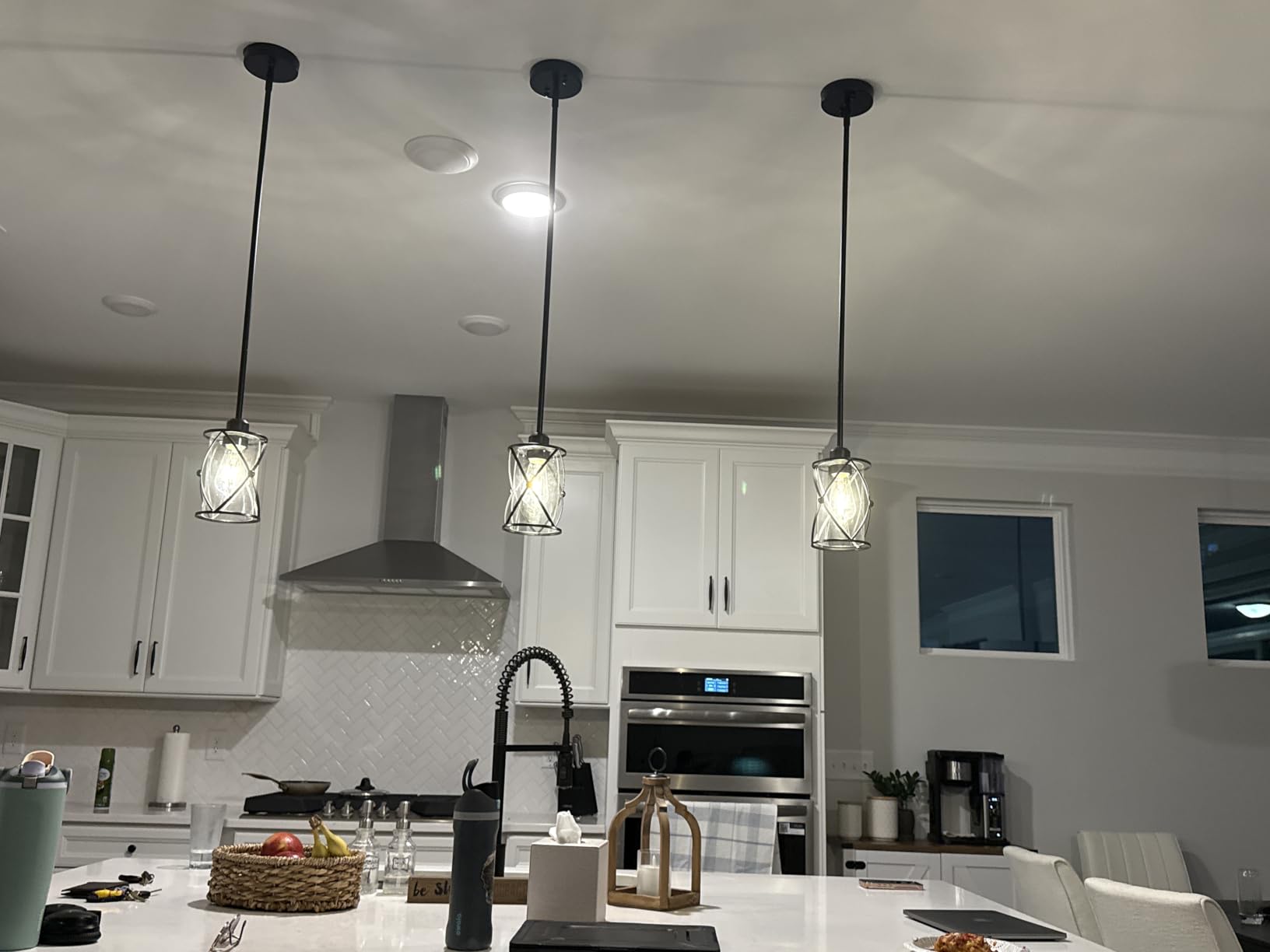Brushed Nickel Pendant Lights Kitchen Island 3 Pack, Glass Kitchen Pendant Lighting Over Island with Rod, Modern Mini Hanging Light for Kitchen Sink Dining Room, CH9176BN-3PK customer photo 2