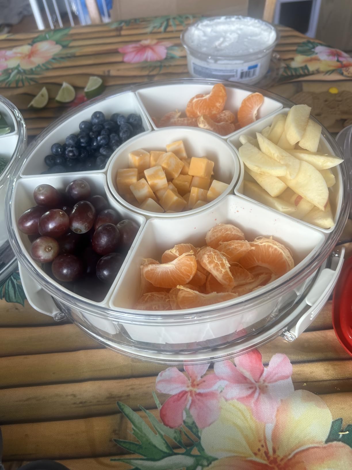 Divided Serving Tray with Lid and Handle, Stackable Snackle Box Container for Fruits Candy Organizer, Portable Spinning Rounded Veggie Tray for Kitchen, Party, Travel and Picnic-1 PACK customer photo 2