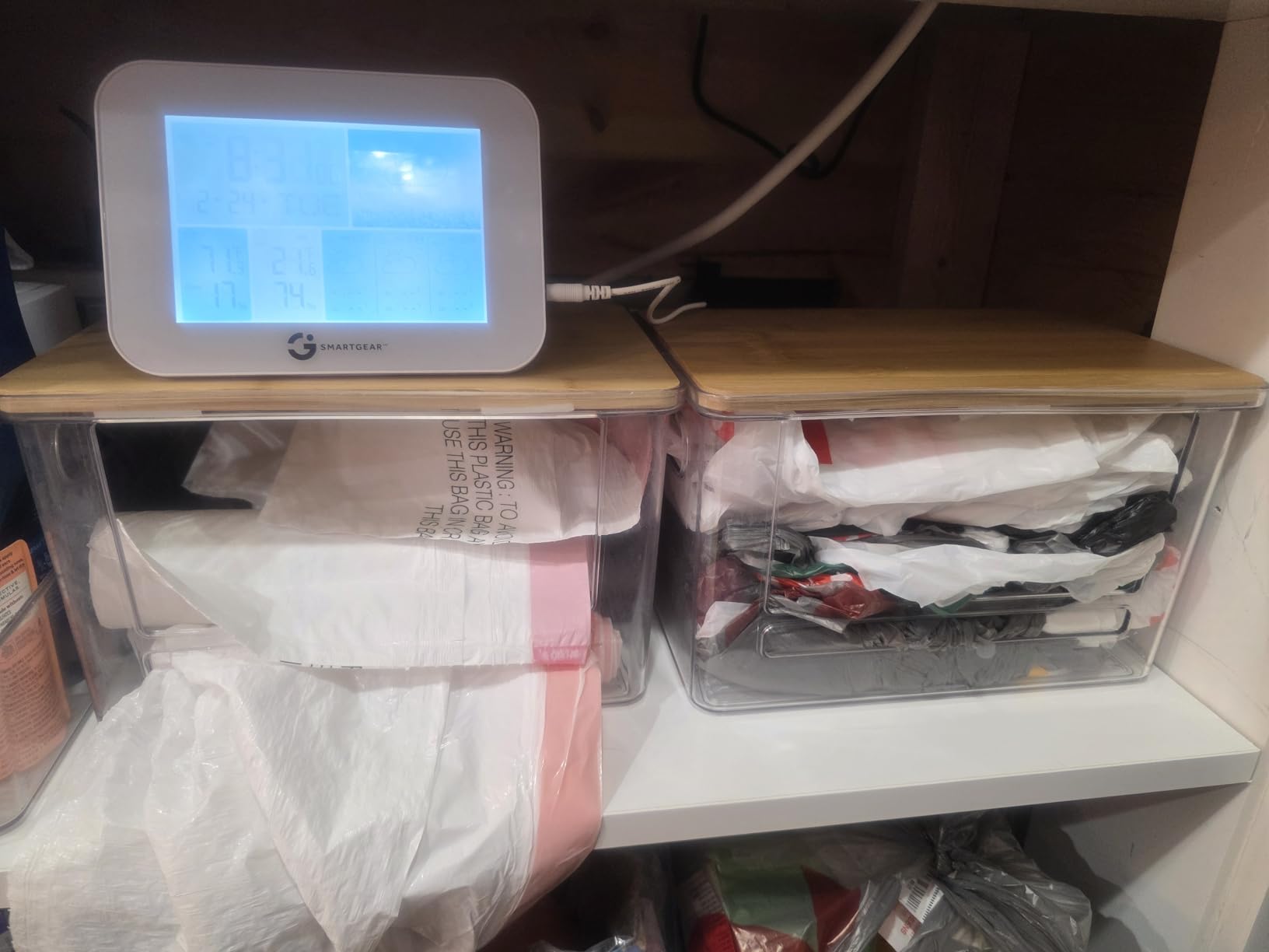 Trash Bag Dispenser 2 Pack, Stackable Acrylic Garbage Bags Dispenser with Bamboo Lid, Extra Large Clear Under Sink Organizer for 13/30/33 Gallon Bags, Kitchen, Cabinet, Laundry Room Storage customer photo 1