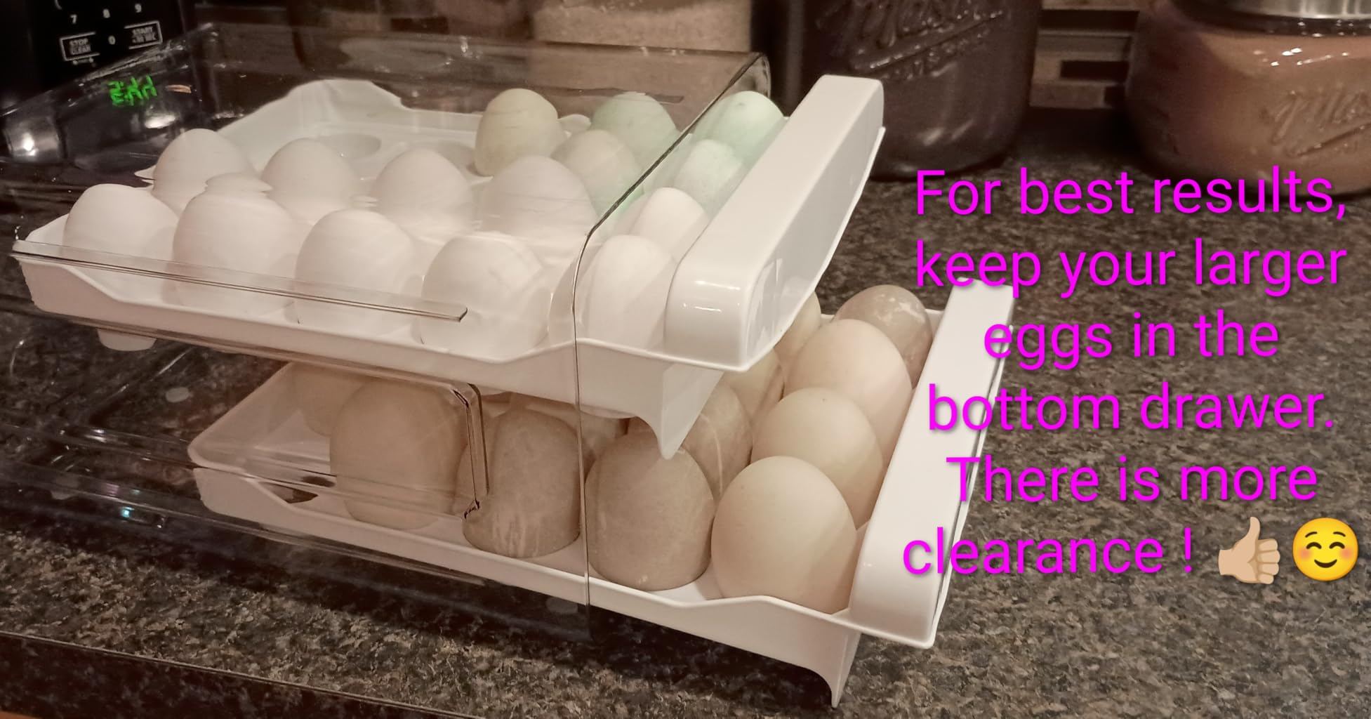 Luckore Egg Container Holders Dispenser for Refrigerator 40 Eggs, 2 Tier Clear Stackable Holder Tray with Drawer for Fridge, Storage Container with Handles for Refrigerator, Countertop customer photo 2