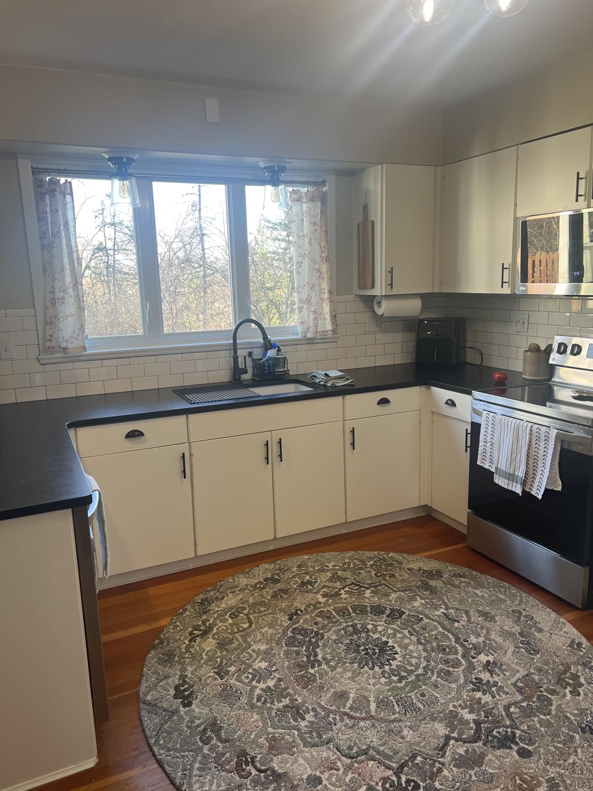 jinchan Floral Kitchen Curtains 36 Inch Linen Tier Curtains Farmhouse Cafe Half Window Drapes Over Sink Light Filtering for Living Room Laundry RV Rod Pocket 2 Panels Taupe on Beige customer photo 2