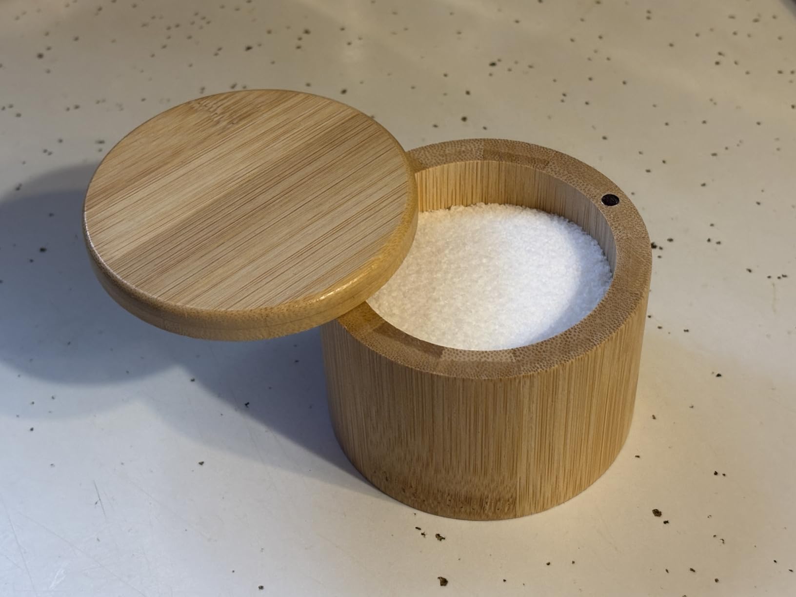 karmiero Salt Cellar, Bamboo Salt Container with Lid, Solid Salt Box Holder with 360° Swivel Lid for Countertop to Store Pepper Spice, Elegant Flaky Salt Containers Bowl on Your Kitchen, 6OZ customer photo 2