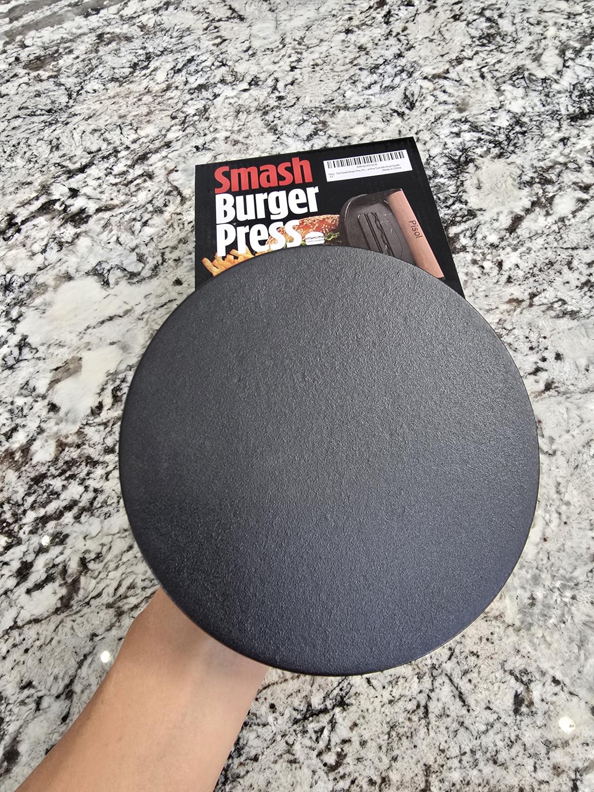 Pisol Smash Burger Press, Pre-Seasoned Cast Iron Hamburger Smasher, 2 lb Heavy-Duty Grill Bacon Meat Press Tool with Wood Handle, 6.6