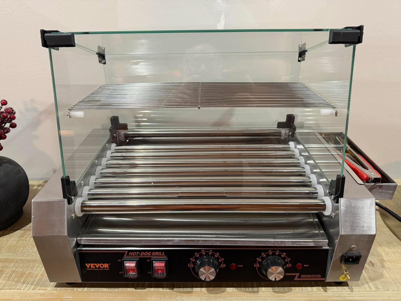 VEVOR Hot Dog Roller, 12 Hot Dog 5 Rollers, Stainless Steel Sausage Grill Cooker, 750W Commercial Hot Dog Machine with Dual Temp Control, Cover, Side Storage Box, Removable Shelf & Oil Drip Tray customer photo 2