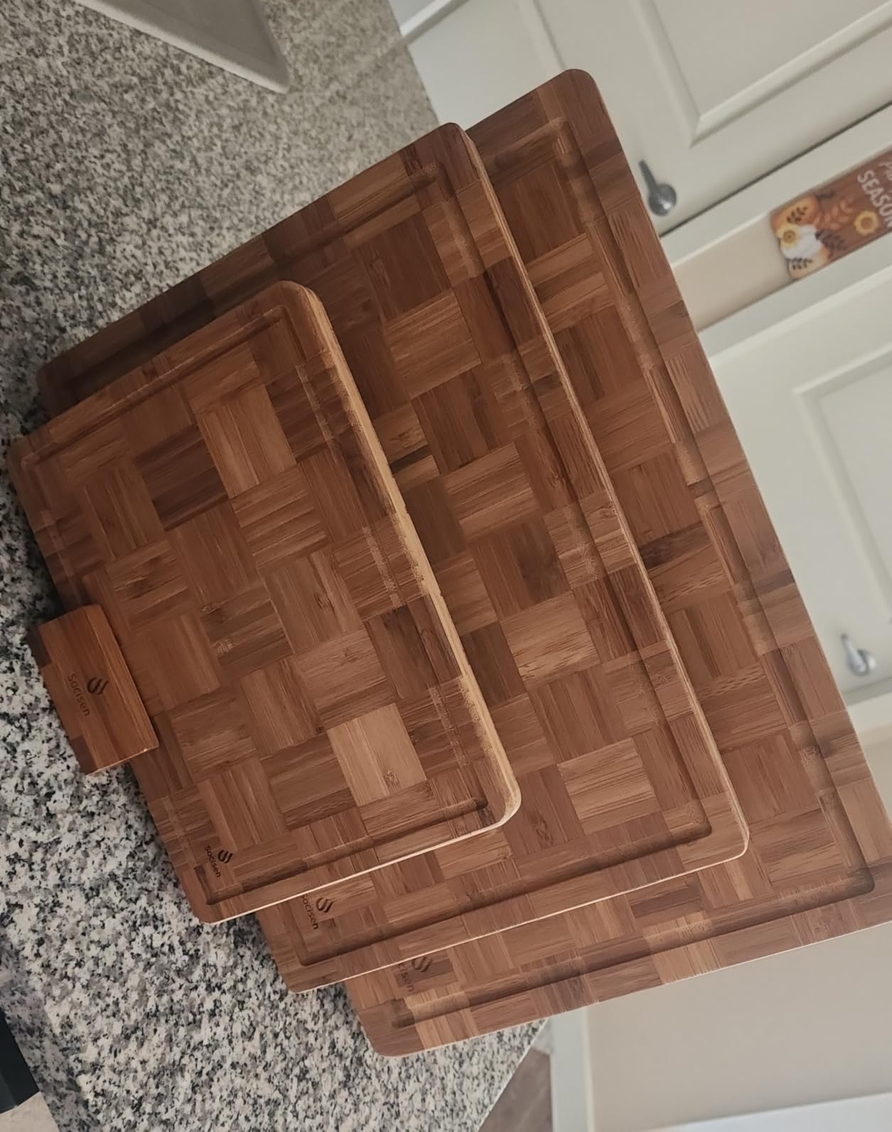 3 Pack Heavy Duty Bamboo Cutting Board Set Non Toxic Wooden Cutting Board for Kitchen Non Slip Solid End Grain Thick Wood Juice Groove Chopping Board Extra Large Butcher Block Best House Warming Gift customer photo 2