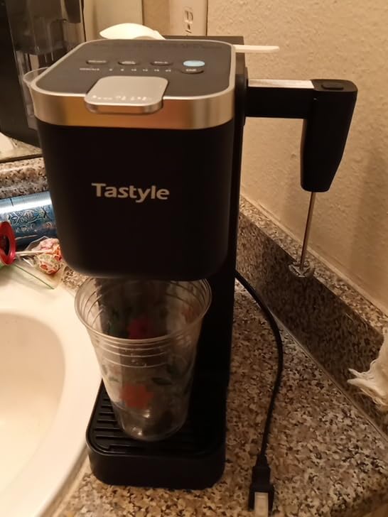 Tastyle Single Serve Coffee Maker with Built-in Detachable Milk Frother, Iced and Hot Coffee Machine for K Cup & Grounds, 40oz Removable Water Reservoir, 6 Cup Sizes, Fits 7.3