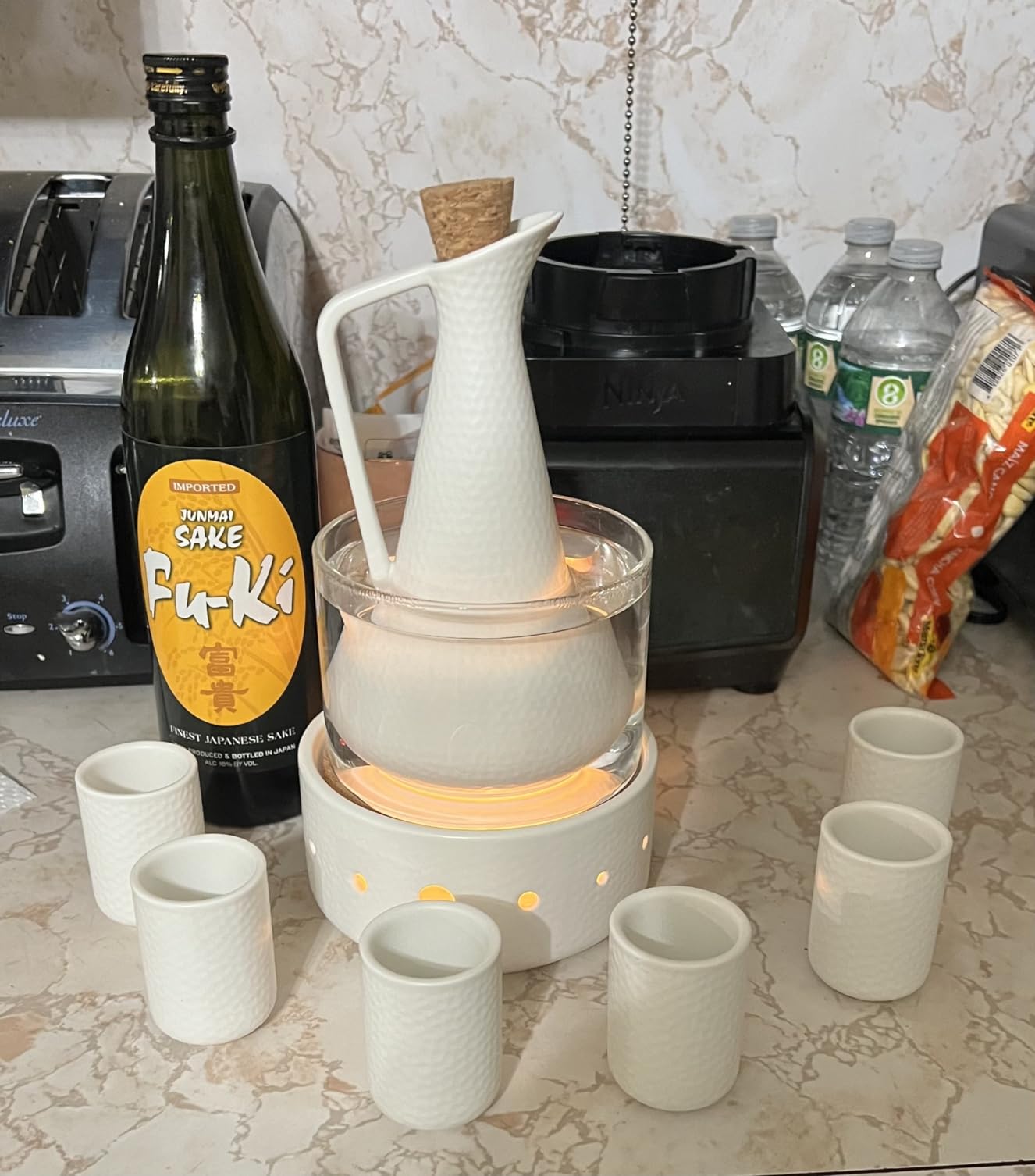 ZENS Sake Set with Warmer, 12 Ounce Embossed Ceramic Sake Bottle 6 Sake Cups and Glass Pot for Hot or Cold Japanese Sake, Black Sake Carafe Gift Sets with Cotton Towel customer photo 2