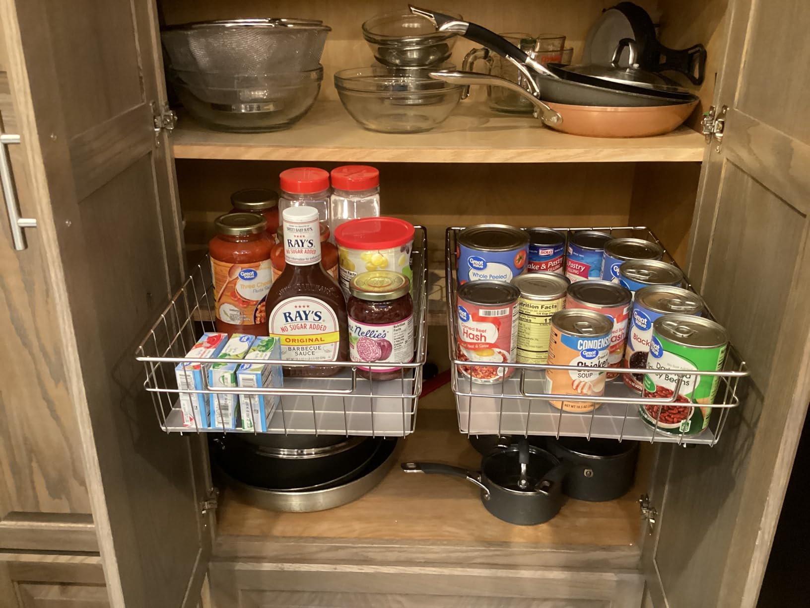 Pull out Cabinet Organizer, Stainless Steel 2-Pack Slide out Drawer with Silent Full-Extension Slides, Adhesive Roll out Can Spice Storage Basket Shelf Rack for Pantry, Kitchen, Bathroom, Home Closet customer photo 1